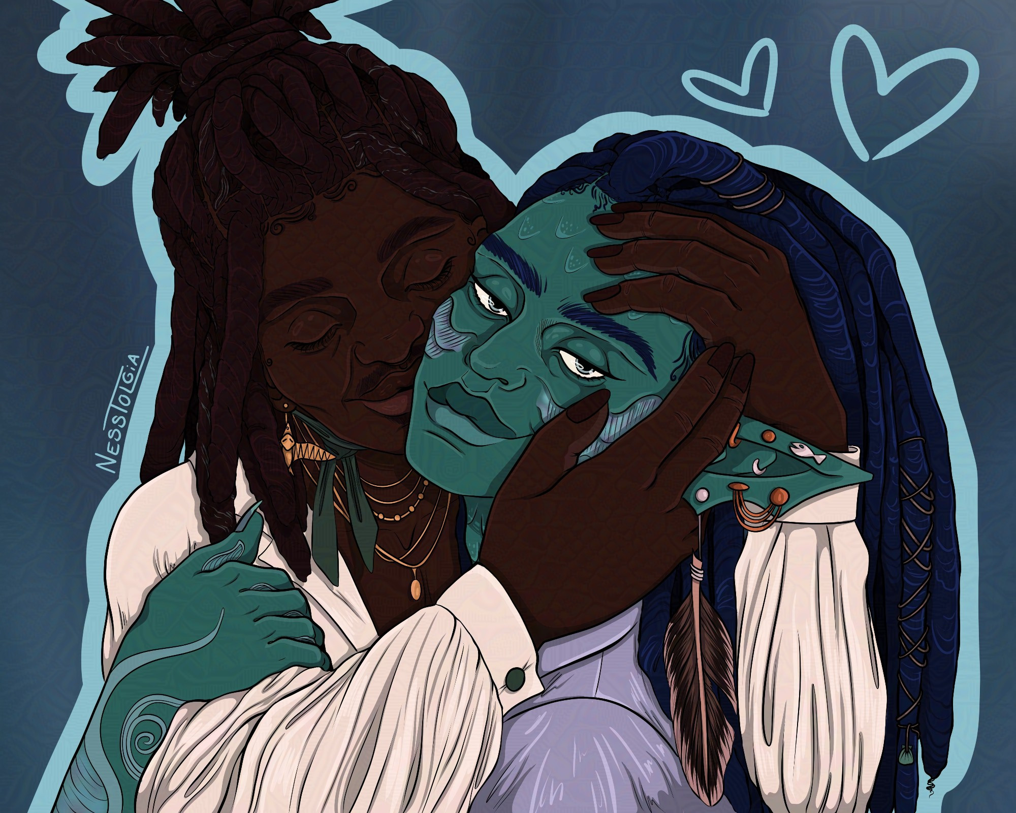 A human and sea elf embracing. 