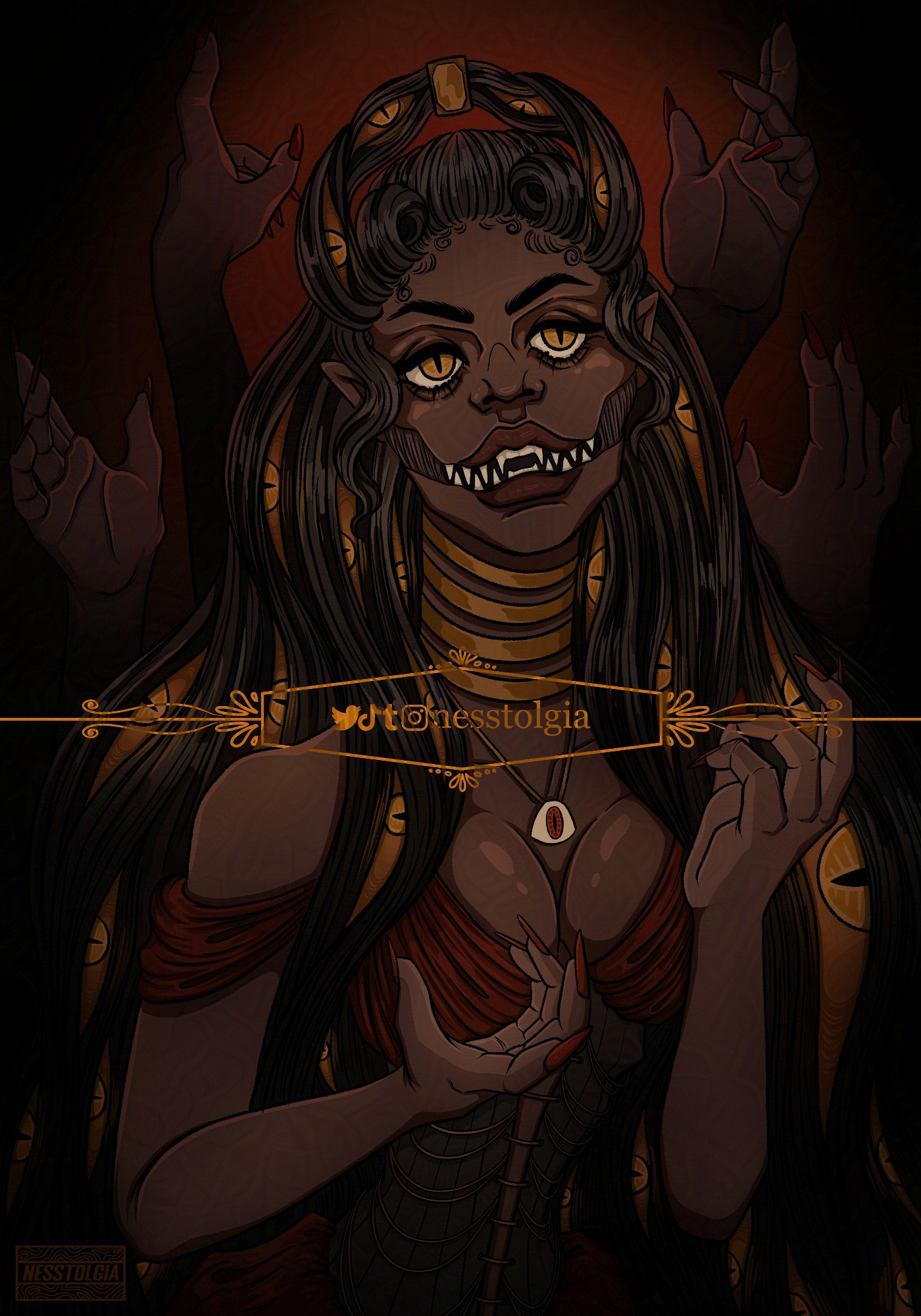 A monster lady with eyes within her dark hair and hands coming up from behind. 