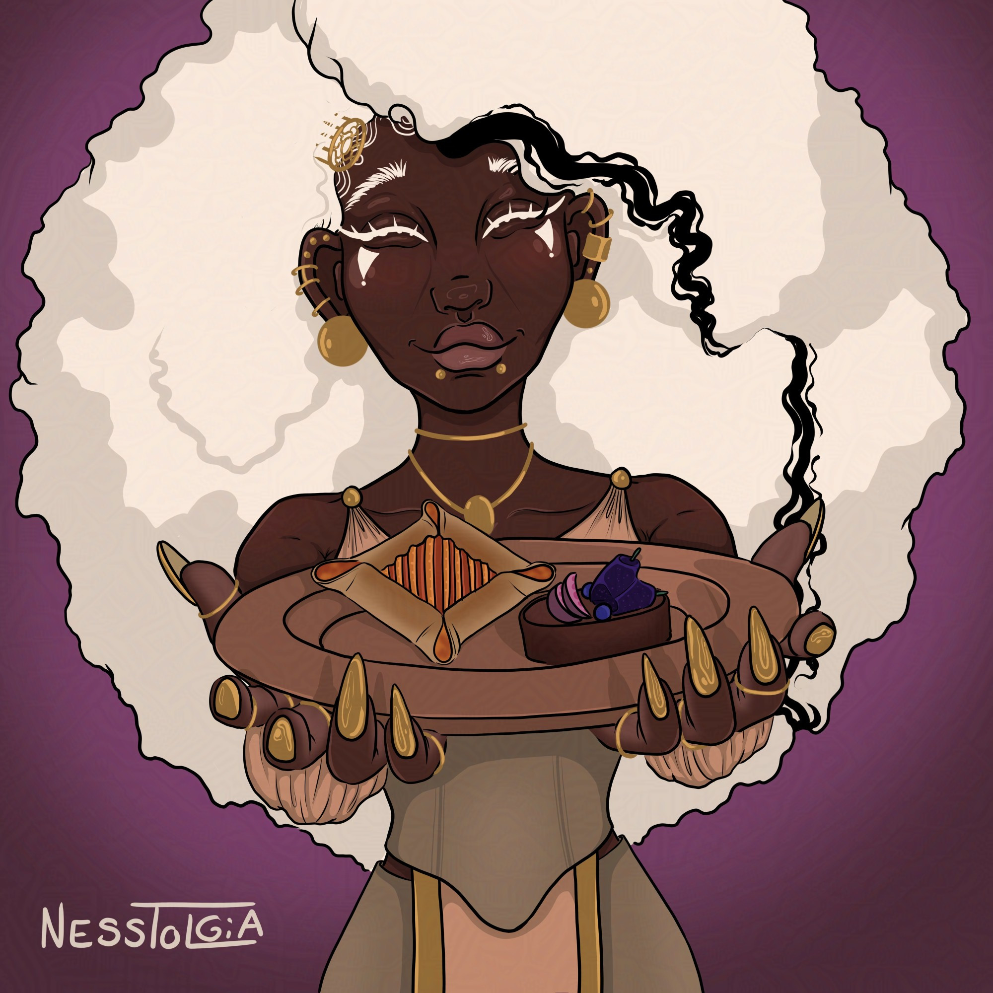 My OC Nyeema holding out a plate of pastries. She has an afro of white hair. 