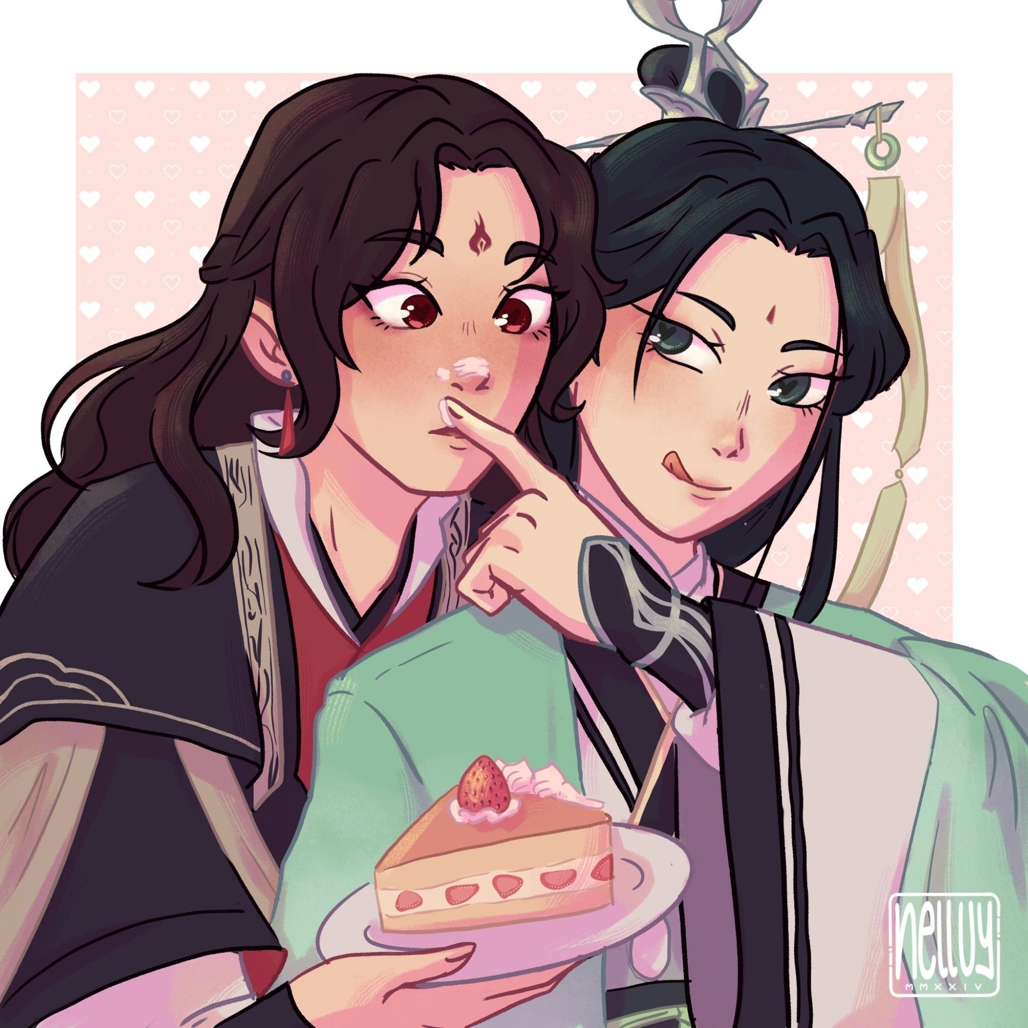 Digital drawing of Luo Binghe and Shen Qingqiu. Luo Binghe is standing behind Shen Qingqiu while holding a slice of cake for him. 
Shen Qingqiu is smudging frosting on Binghe's nose