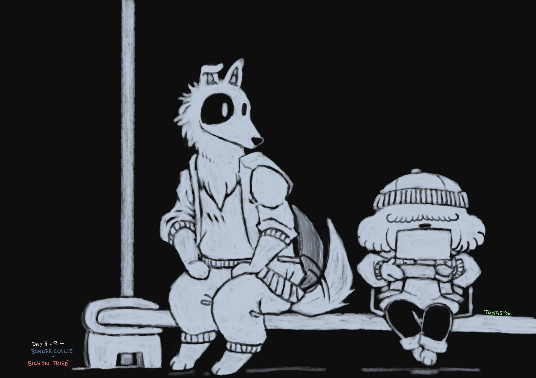 a digital drawing of a border collie in an unzipped sweatsuit and a bichon frise in a beanie sitting at a bus stop. the border collie is happily wagging his tail as he watches the bichon play games on his inutendo ds