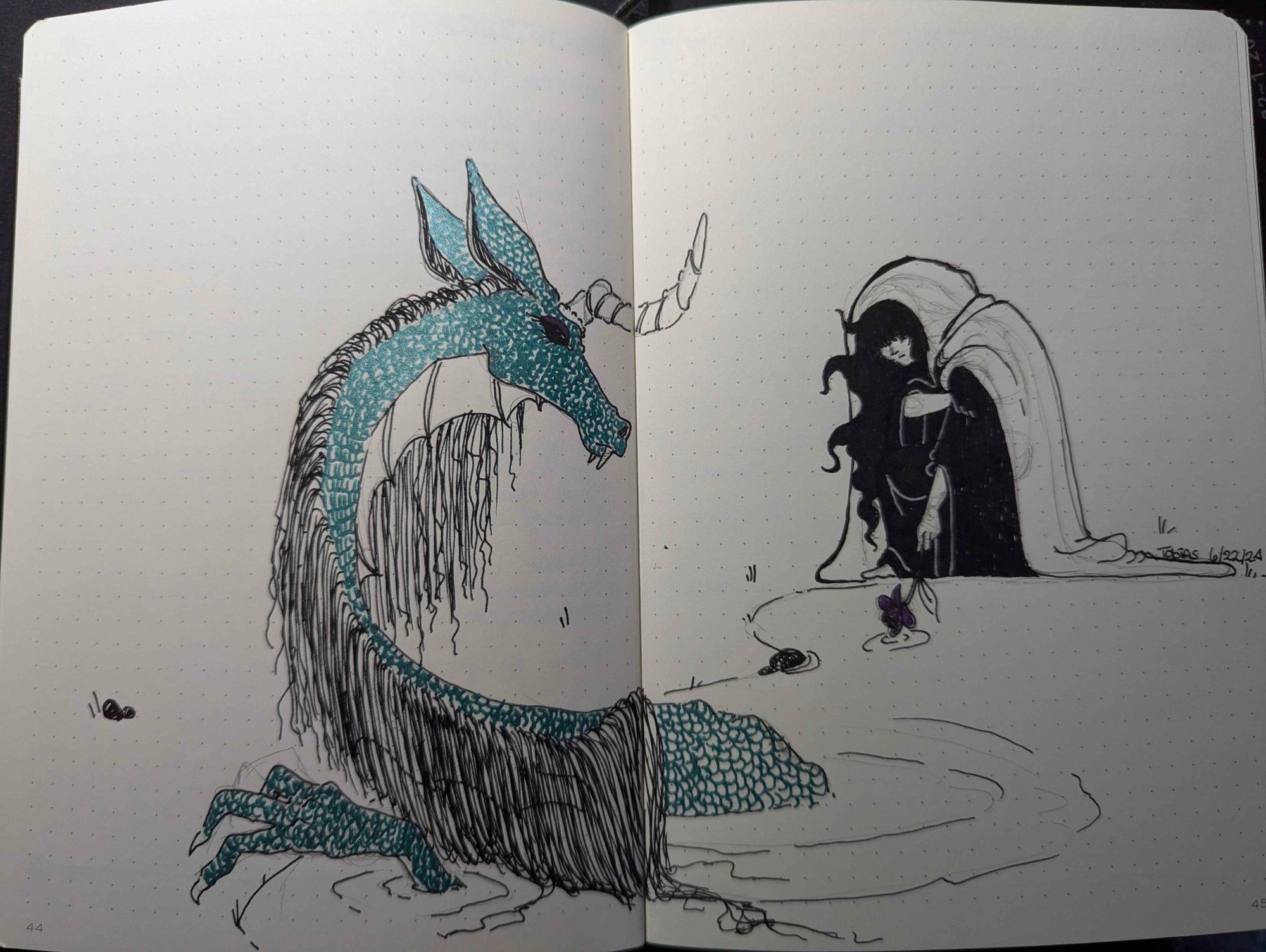 an ink drawing in a journal of a robed and cloaked figure touching a pond with a purple flower while a teal dragon rises from the pond. The dragon has a long mane and crooked horn. the dragon looks tired. same.