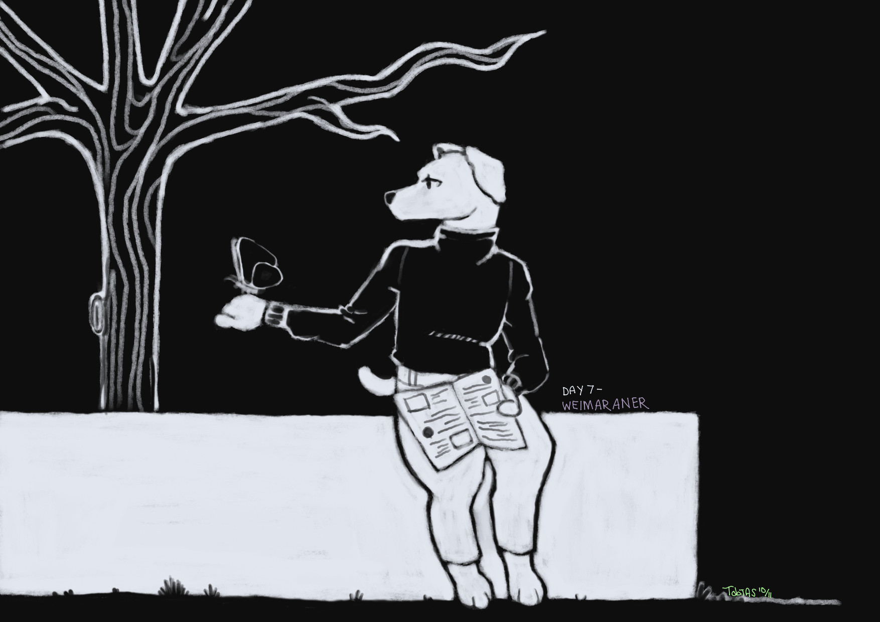 a digital drawing of a weimaraner sitting on a short divider wall holding a magazine in his hands as he gently lets a butterfly land on his outstretched hand. he is dressed in a turtleneck and dress pants. there is a small dead tree behind him.