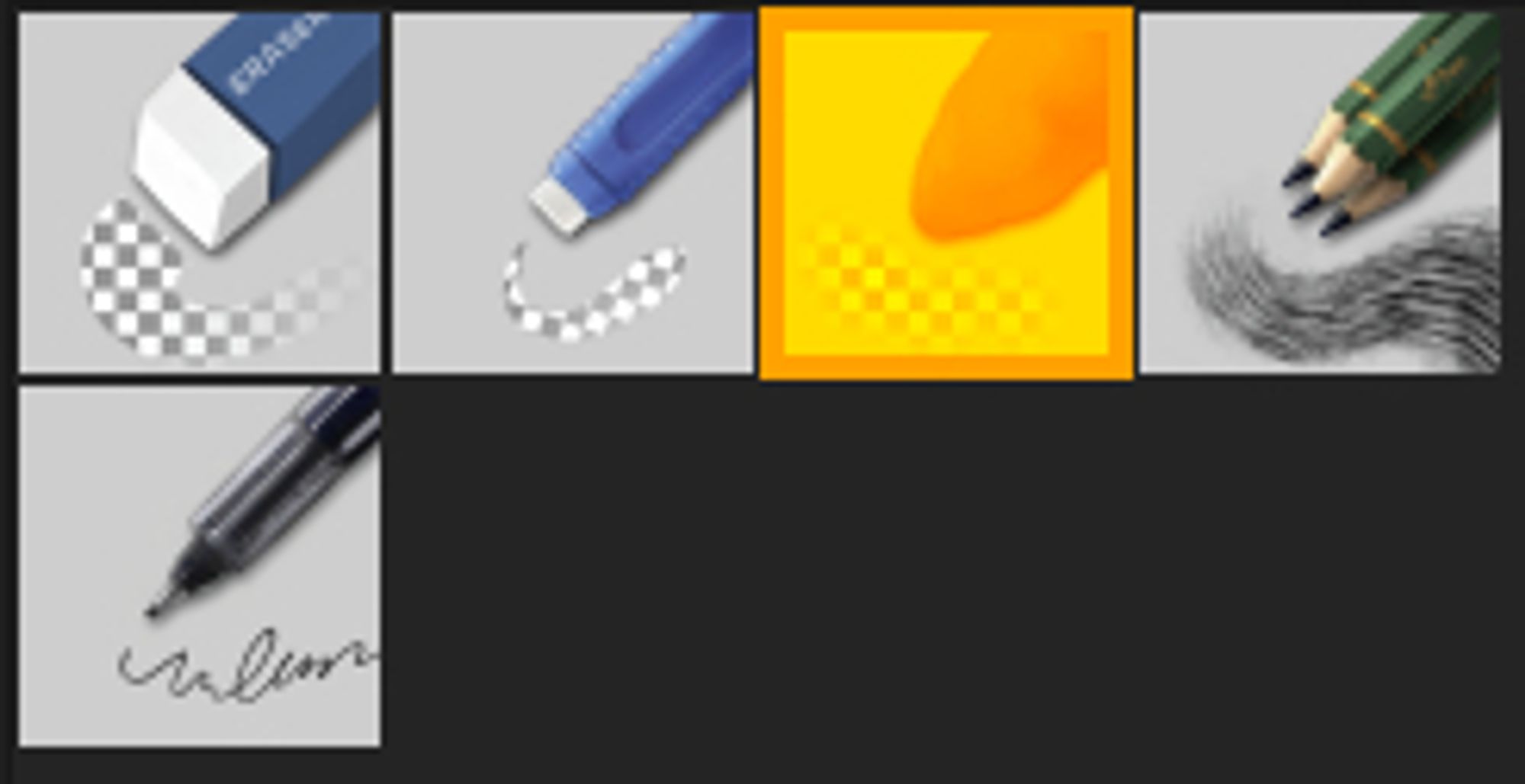 a screenshot of my krita brushes i use: big eraser, small eraser, soft eraser, quick shade pencil, and precision ink pen