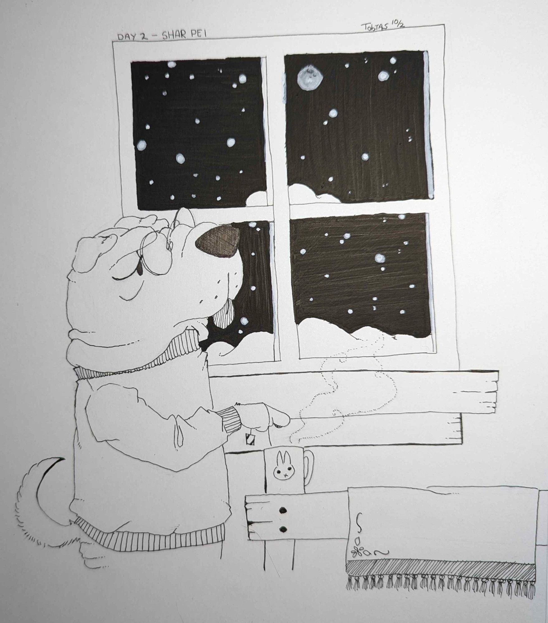 an ink drawing of a shar pei dog in a turtleneck making tea in a miffy bunny mug while he gazes thoughtfully out his window. outside it is snowing and the moon is out. snow has built up on the windowsills.