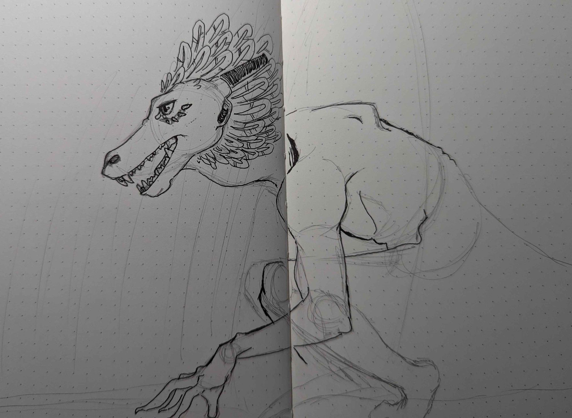 a half inked drawing in a journal of an argonian with small straight horns and a bushy mane of feathers. i want to finish this one but oh boy i did those proportions wrong on the legs lmao