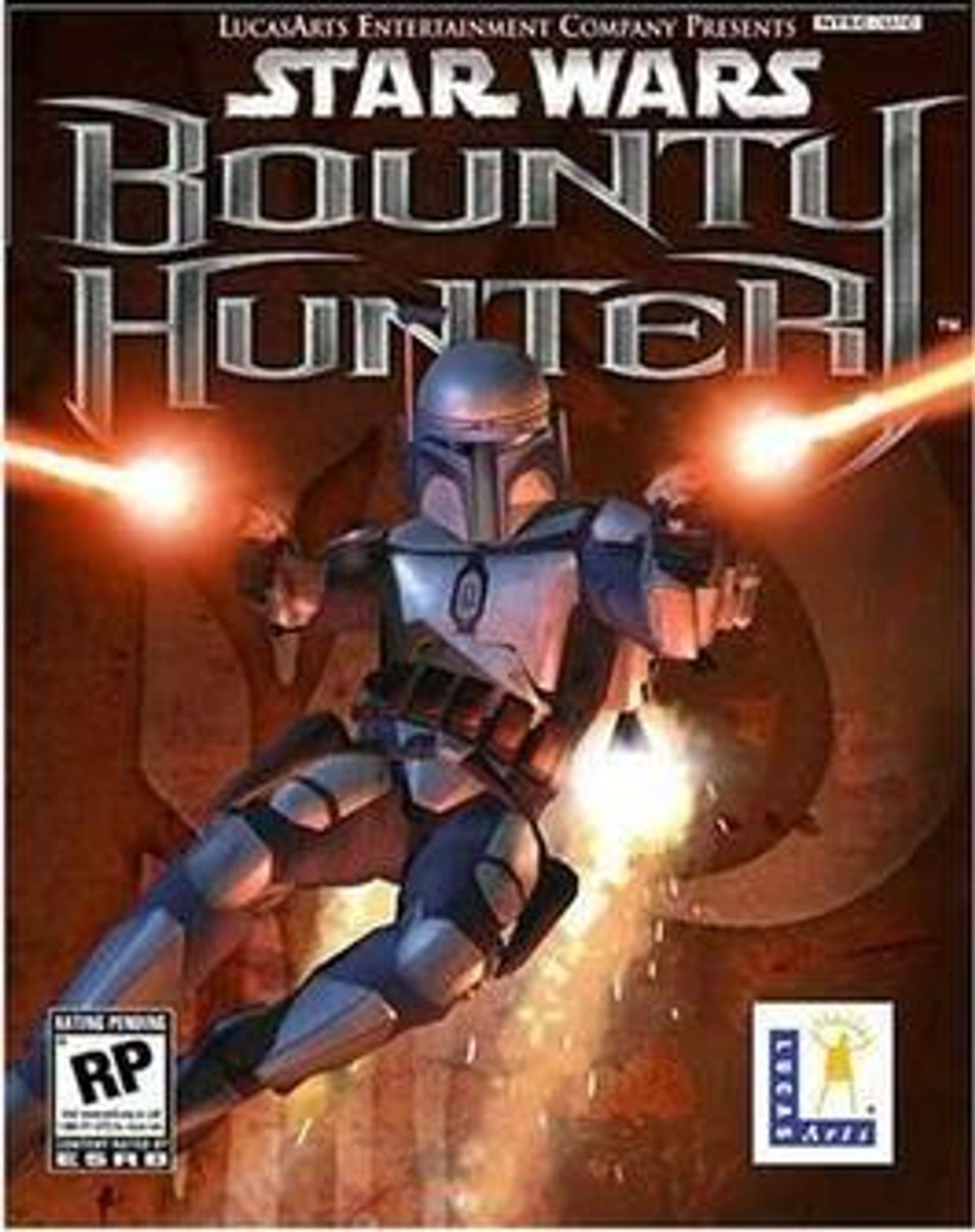 The cover art for Star Wars Bounty Hunter. Jango Fett flies on his jetpack and shoots double blasters