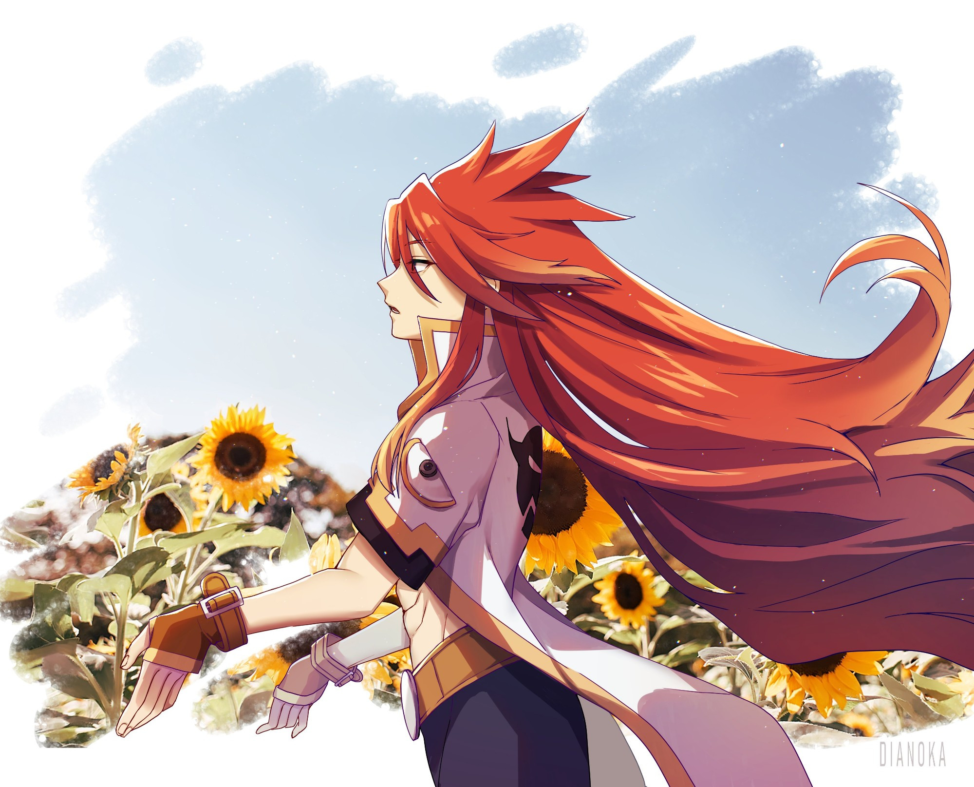 Luke Fon Fabre from Tales of the abyss standing in a sunflower field. The Lyrics "A shining bead in a sunflower field" is relevant to the lyrics sung in its game and anime opening. The Shining bead is Luke himself. Meaning he was blessed with the life given, but something had to be sacrificed to get this life.