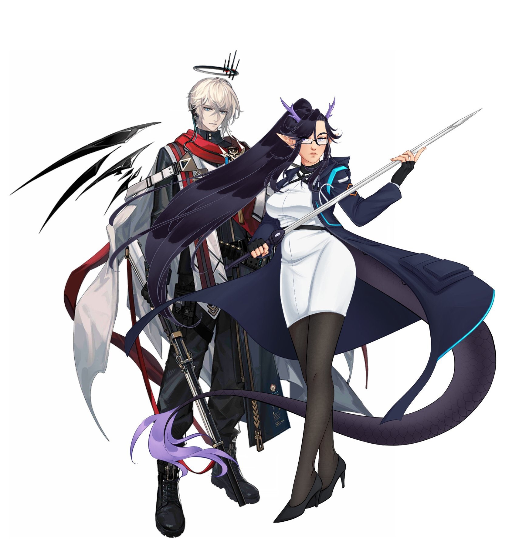 My oc Dr. Moonstone standing next to an official sprite of Executor alter from Arknights