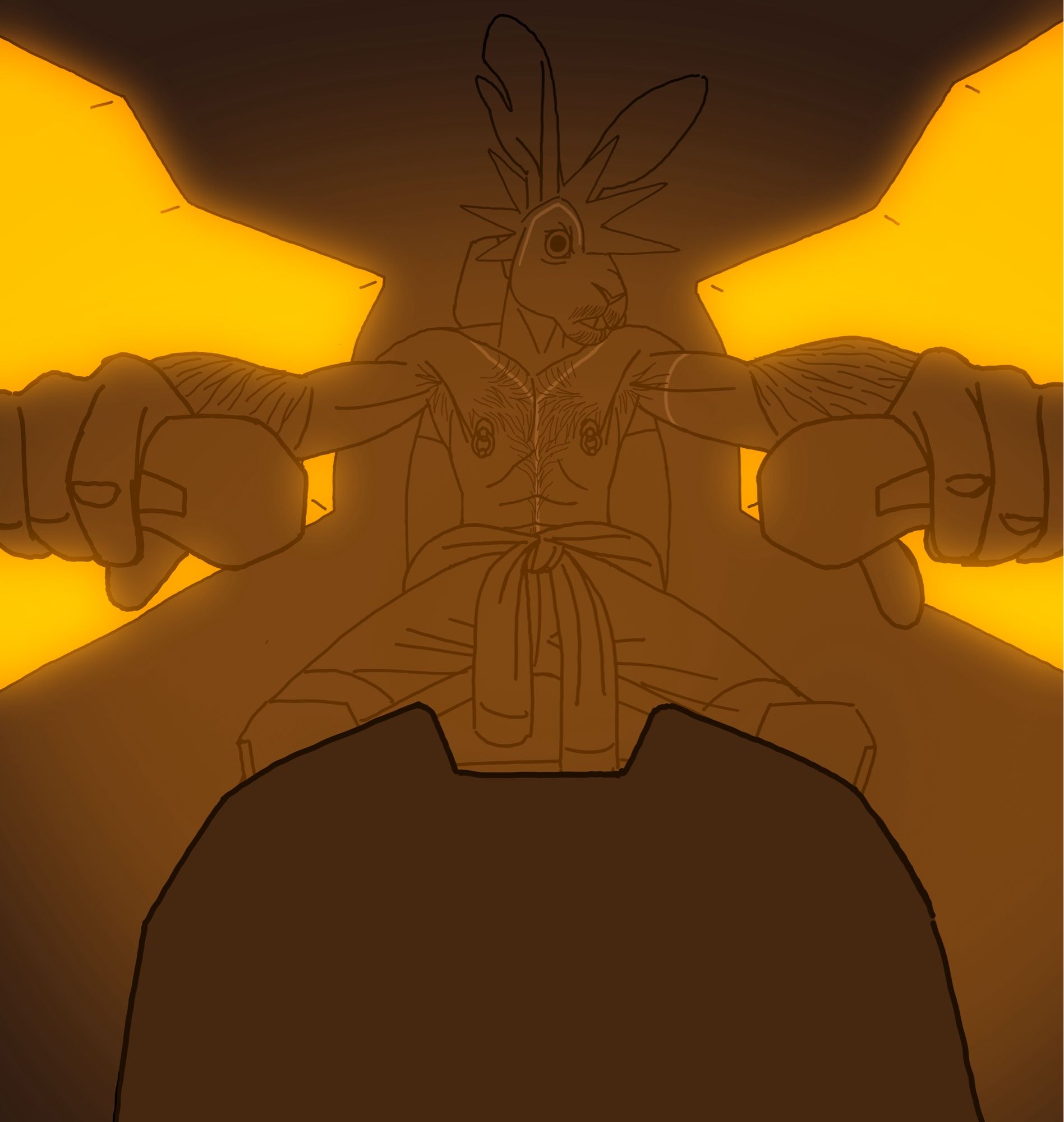 Sketch of an anthropomorphic cyborg hare (Gasket) in the cockpit of an overheating mech.