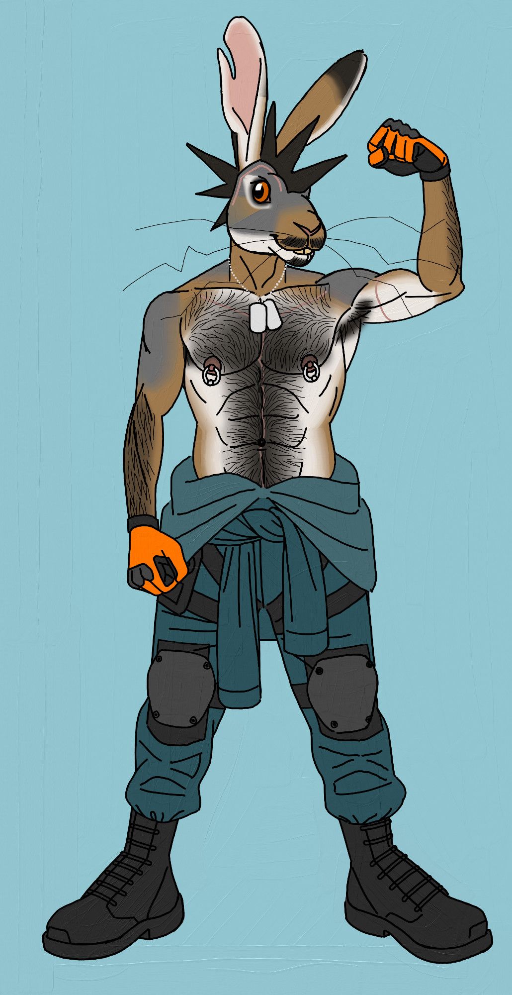 Image of an anthropomorphic cyborg hare (Gasket) flexing his bicep for the viewer. He is heavily pierced, his hair styled into liberty spikes, his body covered in prominent surgical scars from his cybernetic augmentations. He wears a dull blue military jumpsuit—pulled down and tied around his waist to expose his bare chest—heavy duty work gloves, an empty holster on his hip, a pair of rugged black combat boots, and a pair of military dog tags around his neck.