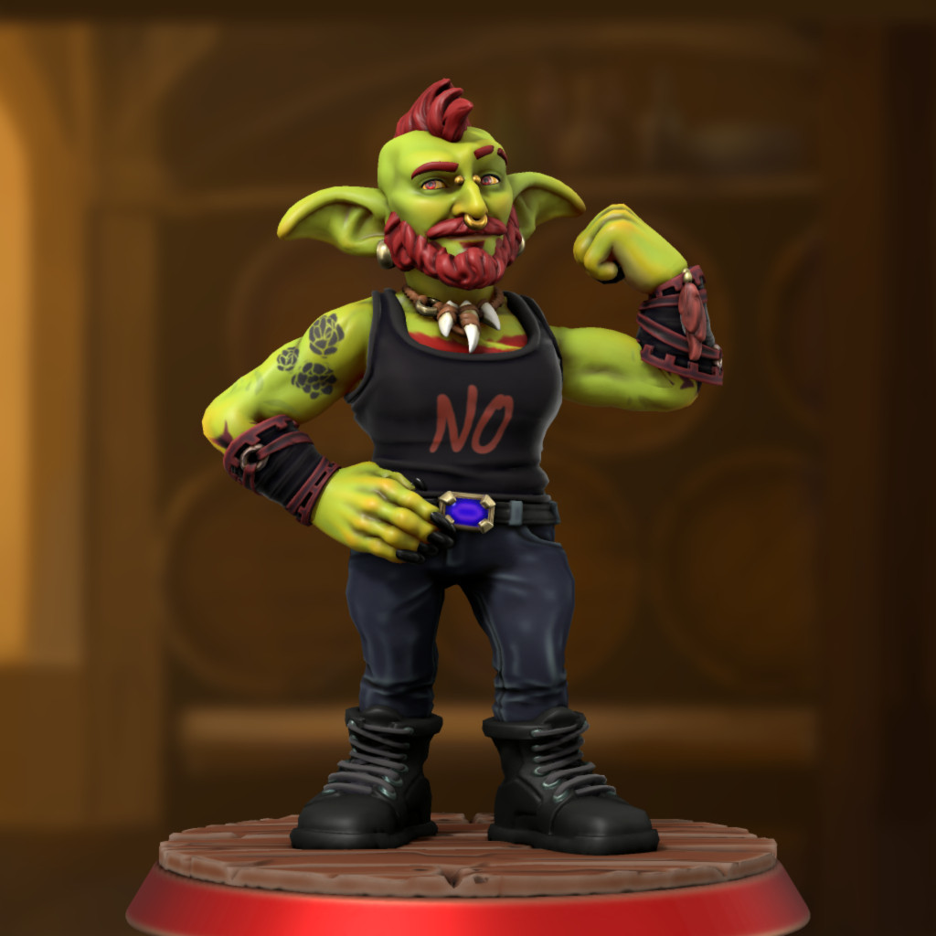 A HeroForge model of Sax in a tank top that says No. He's flexing and smirking.