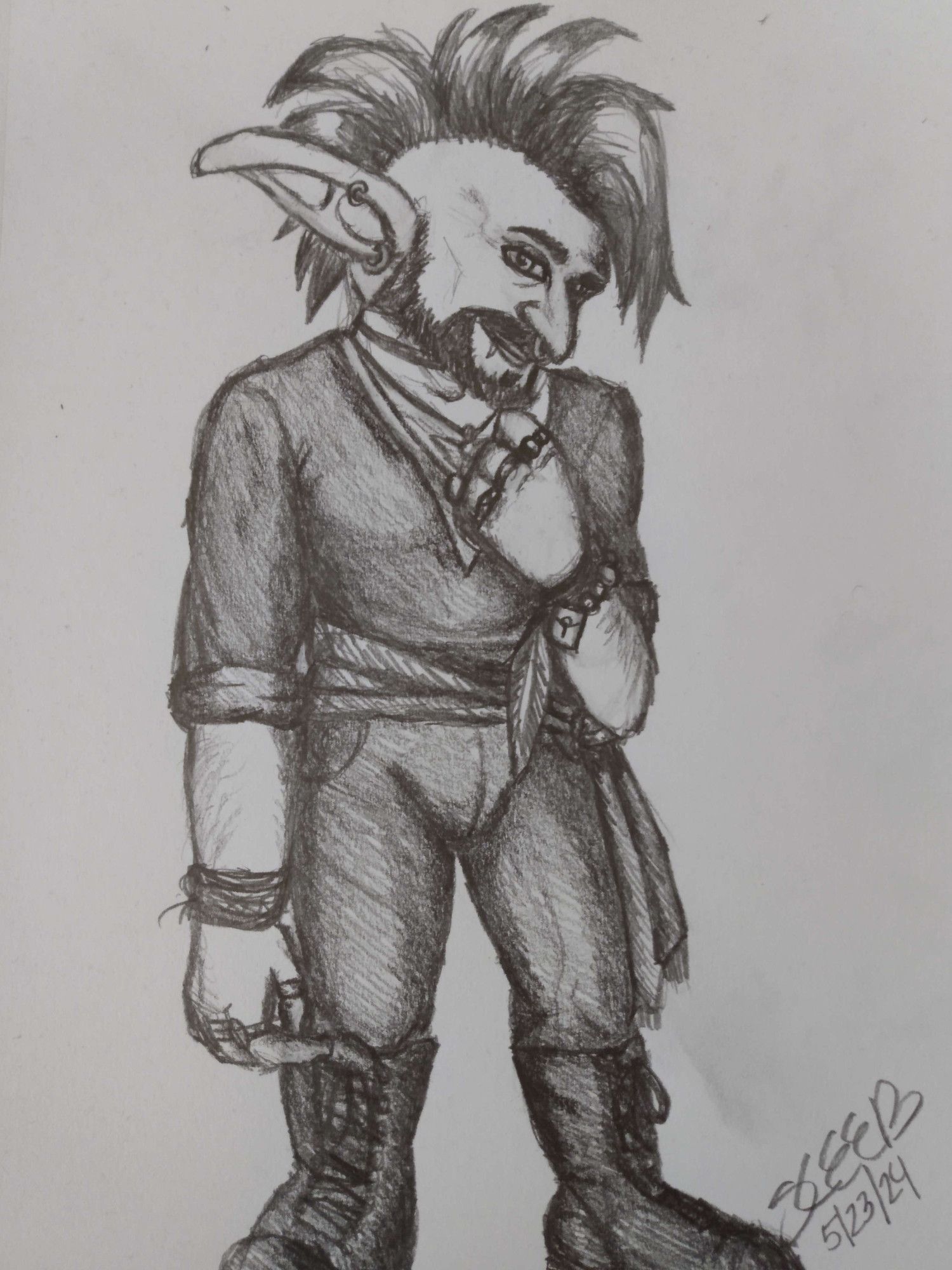 A male goblin in a dark pirate goth outfit with many trinkets on his arms and as necklaces.