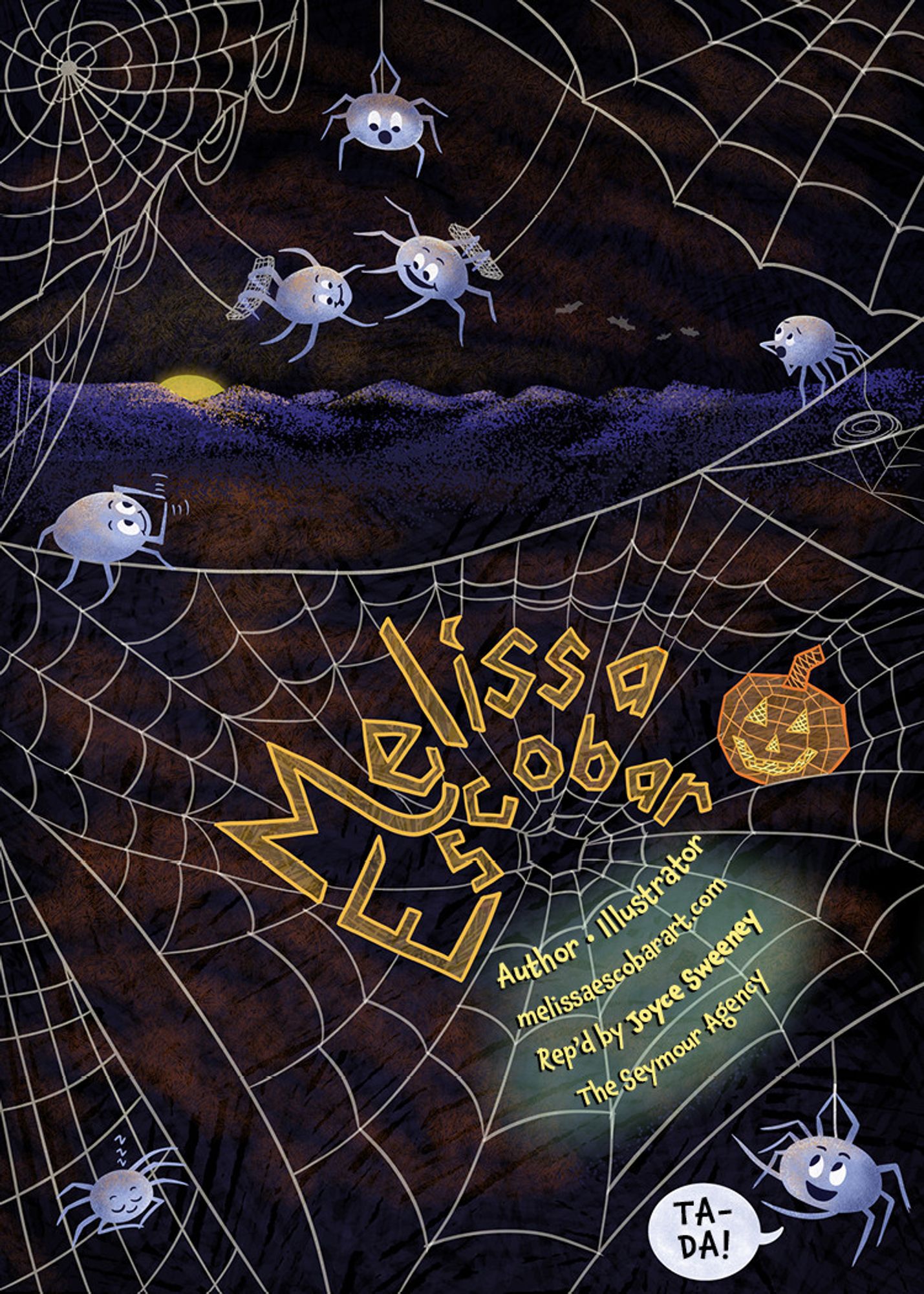 Spiders swinging on a web trapeze and one spider has done my name and a pumpkin in his web. For Halloween by Melissa Escobar.