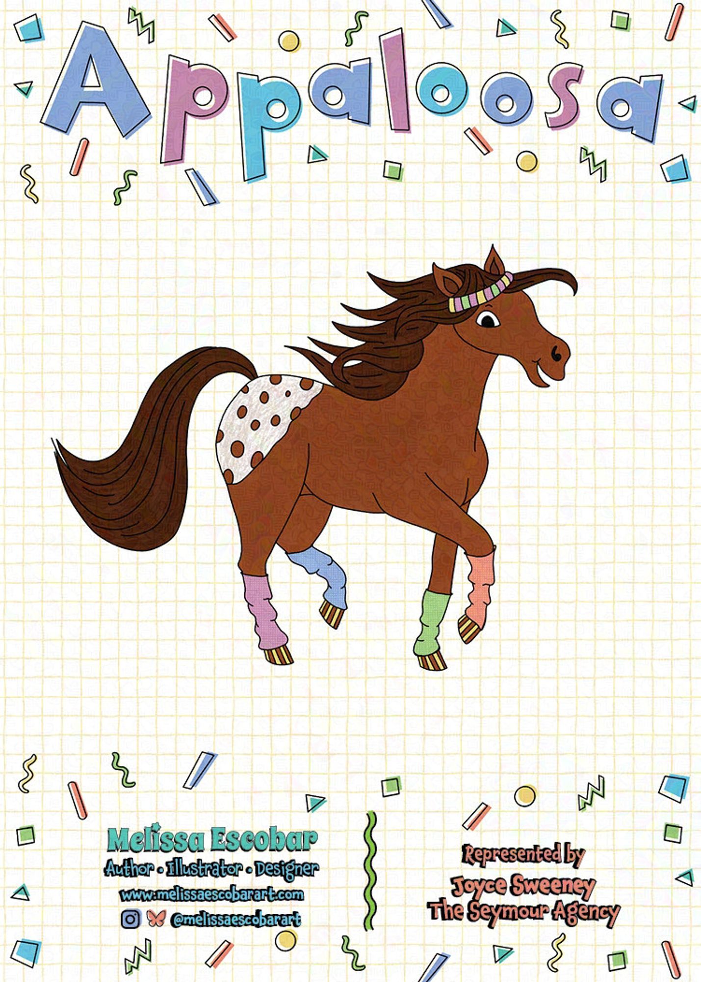 Appaloosa Horse with 80's headband and leg warmers, this horse is ready to exercise! The breed name is done with fun 80's graphics. By Melissa Escobar