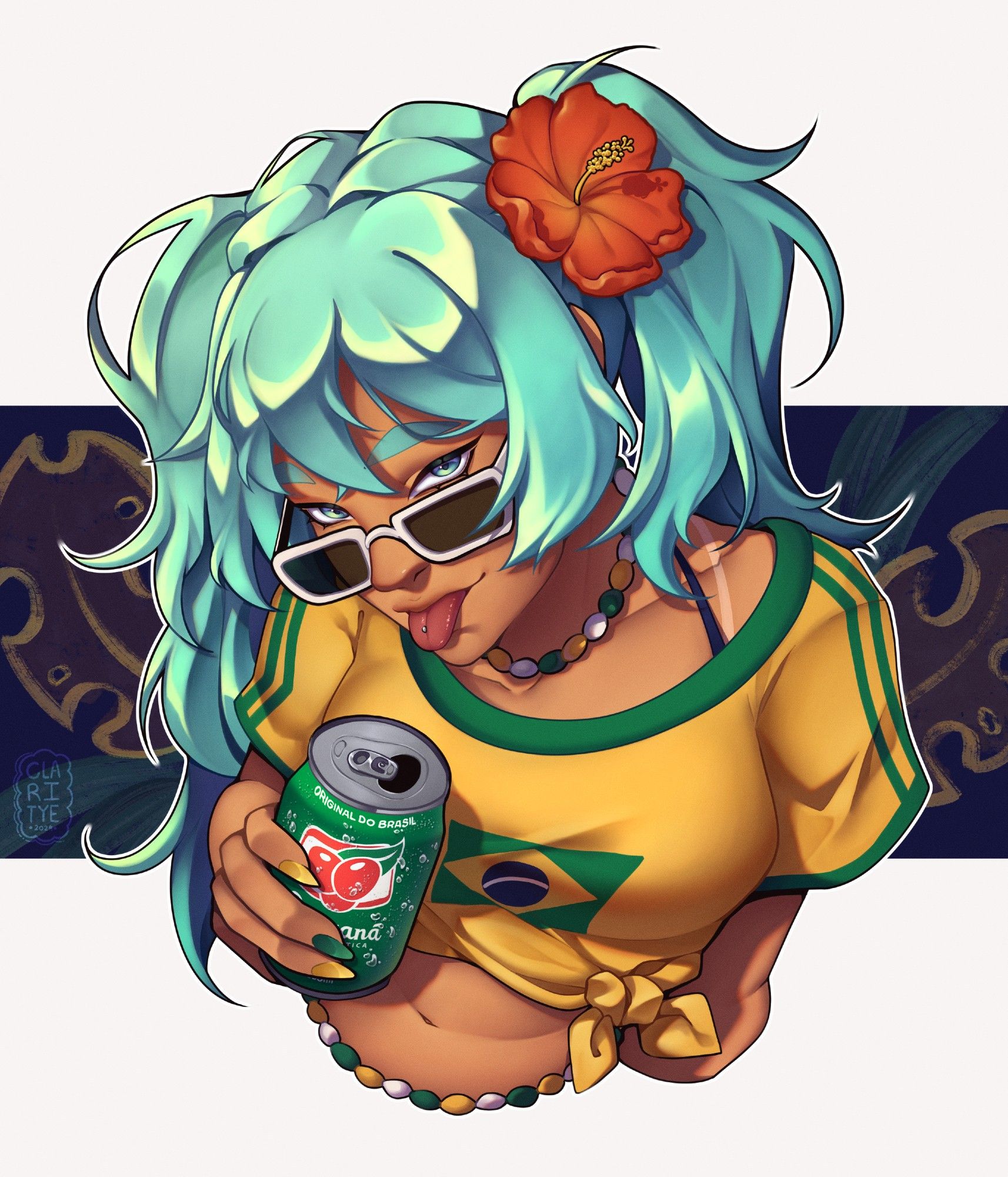 Hatsune Miku brasileira segurando um Guaraná Antártica com uma expressão brincalhona e óculos escuros.