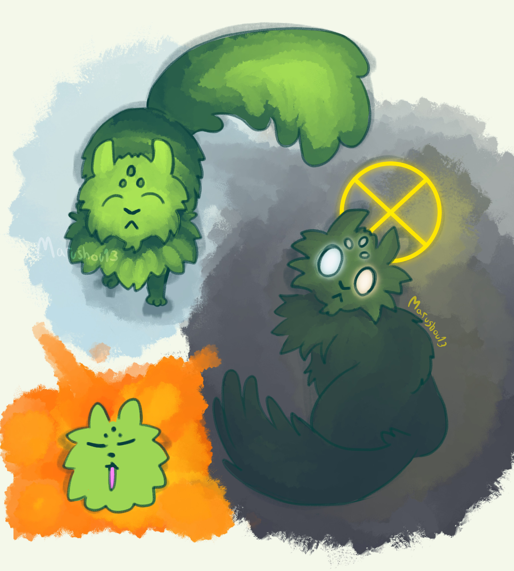 Three digital drawings of Saint, a fluffy green slugcat, from Rain World: Downpour.
In the first drawing, Saint is standing, looking up with their eyes closed, from a top-down perspective.
The second drawing has saint sitting while staring at the viewer with open, luminous eyes. Behind them, there is a shining symbol of a cross inside a circle.
In the third drawing, Saint is crudely drawn in a simplistic chibi artstyle, with their eyes closed, sticking out their tongue, while an explosion occurs behind them.