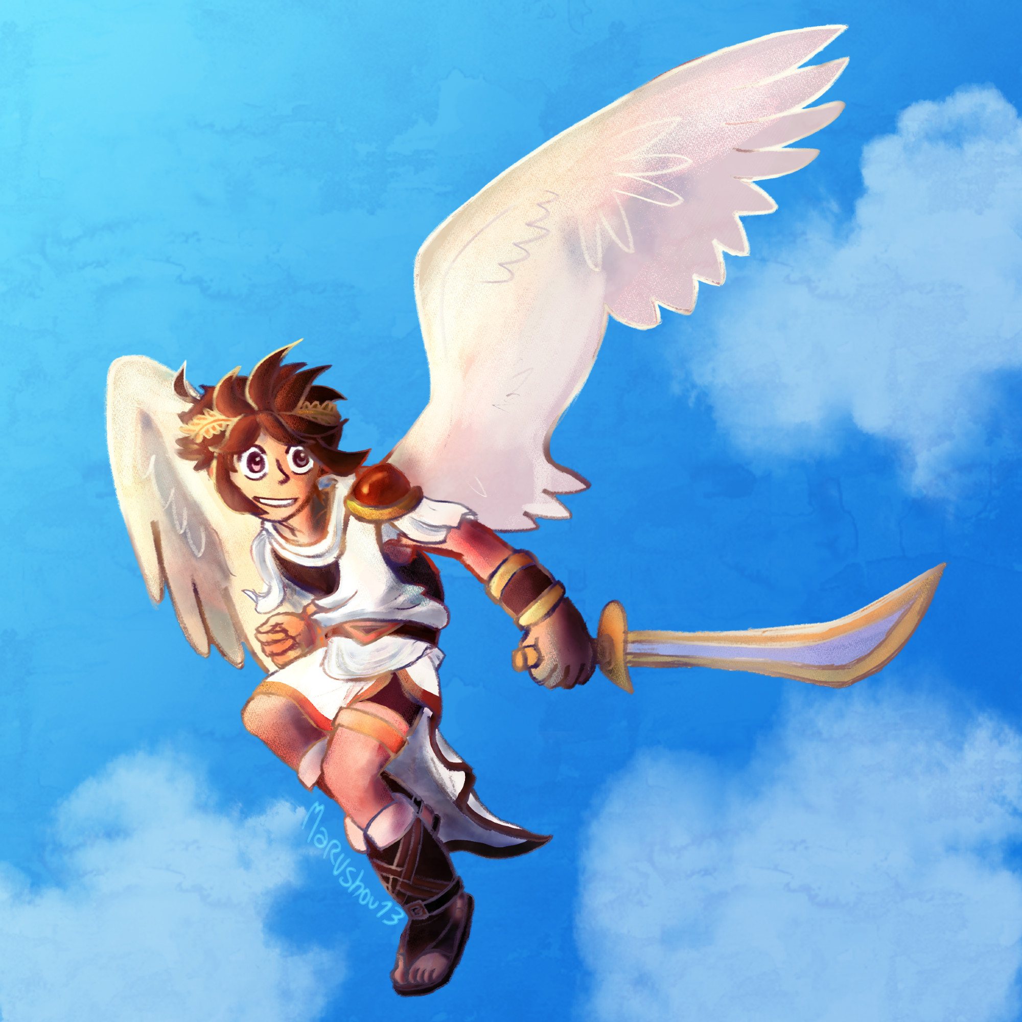 Digital art of Pit the angel from Kid Icarus: Uprising
He is flying in an almost clear sky during daytime with his sword on hand, happily smiling.