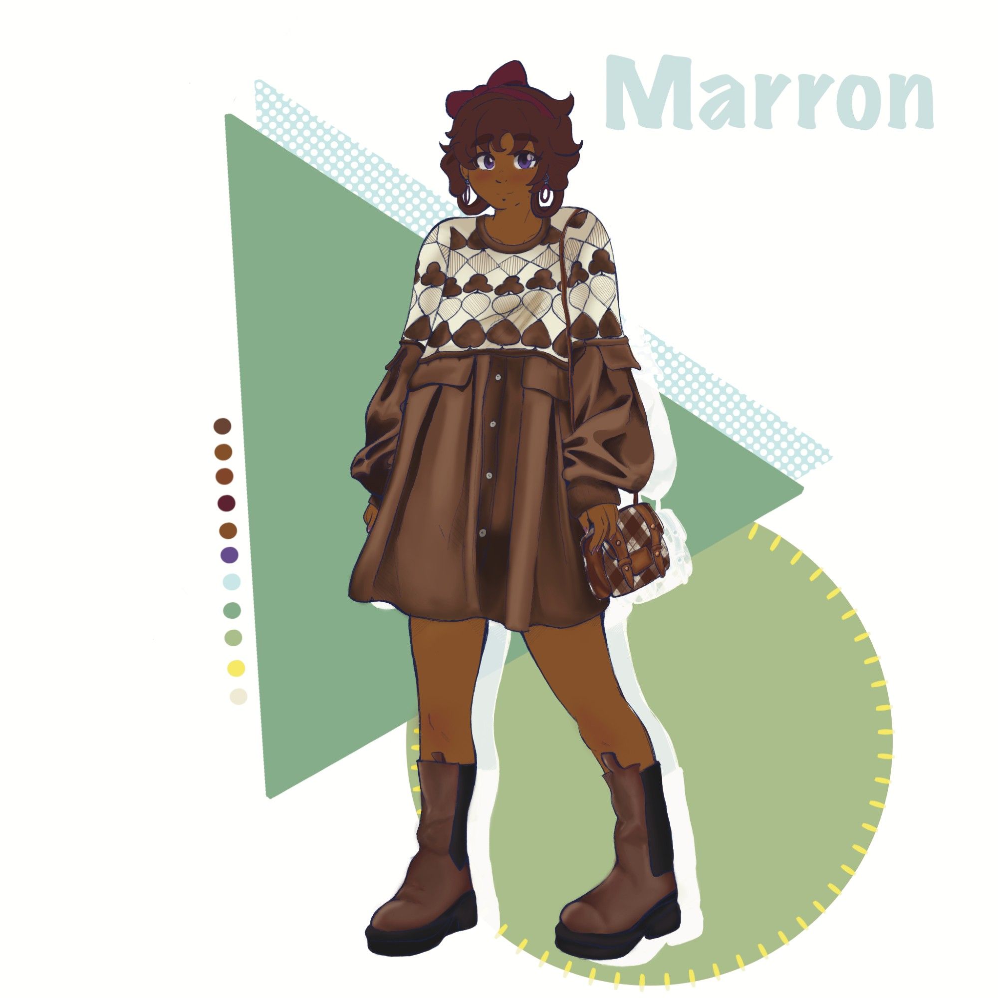 Oc Marron in a cozy sweater dress and knee high boots, with matching purse. The background is stylistic shapes