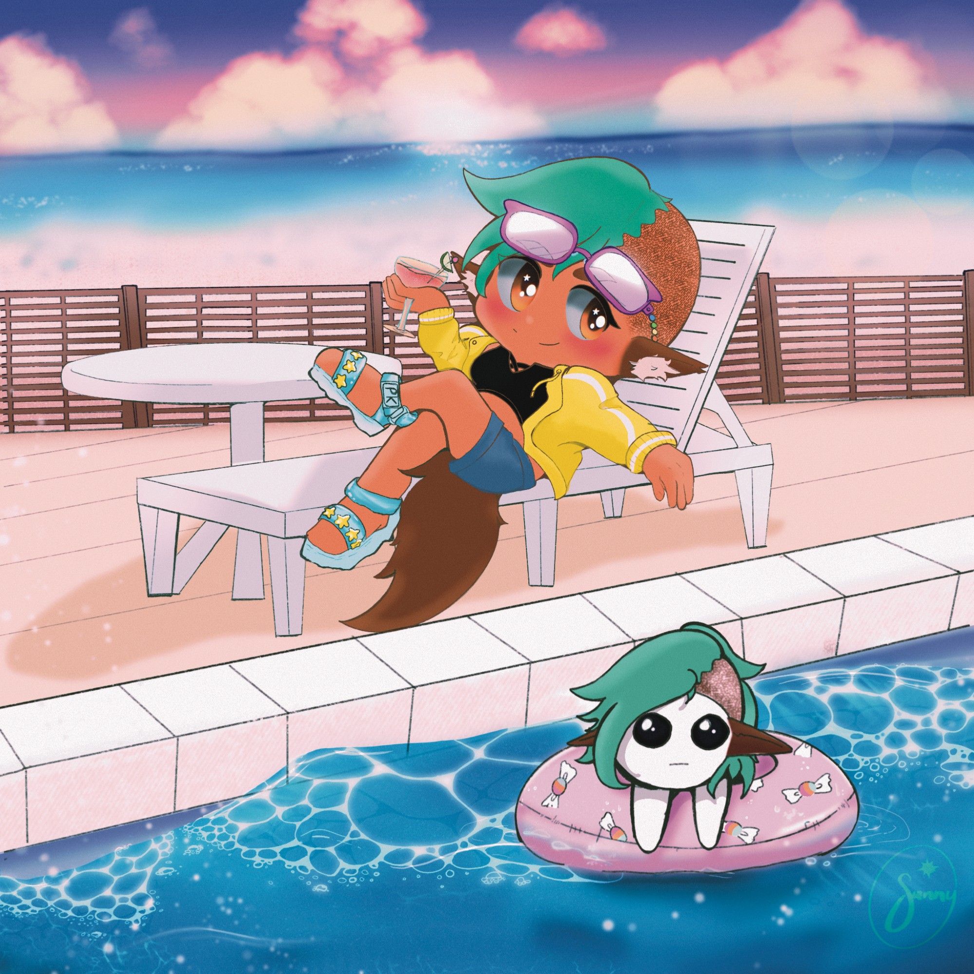 A chibified Sunny relaxing poolside with a drink in hand and in her summer outfit, with Yippee in the pool in a pink inner tube. The pool scene is backed by a beach nearing sunset