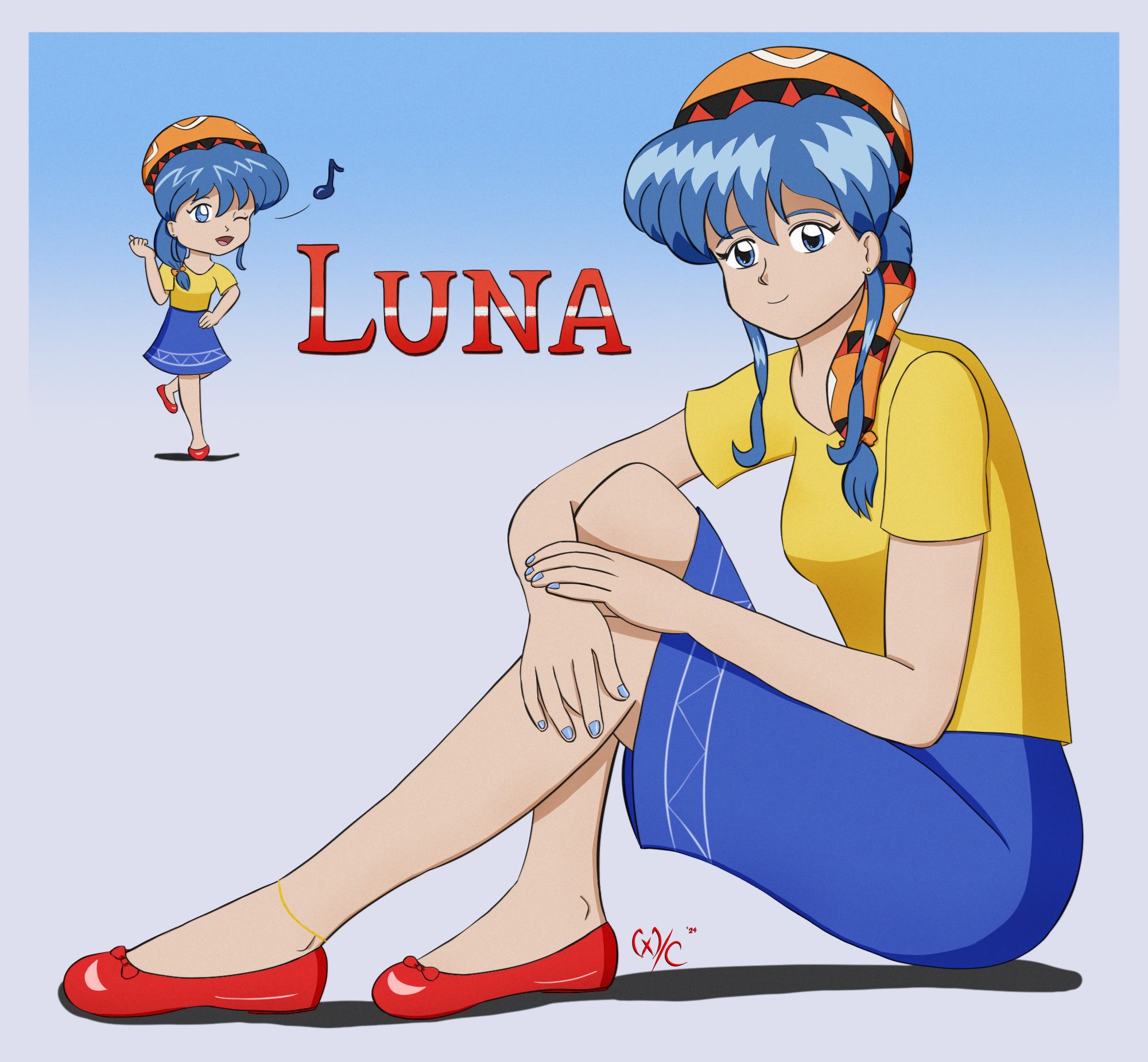 Drawing Luna from Lunar: Silver Star Story. She is sitting down, wearing her normal orange headscarf decorated with red and white triangle and diamond patterns, as well as a simple yellow shirt, blue skirt with white decorated trim, and red ballet flats. She has her hands around her knees and is looking at the viewer while smiling. A smaller, dancing chibi version of her is nearby lettering reading "LUNA"