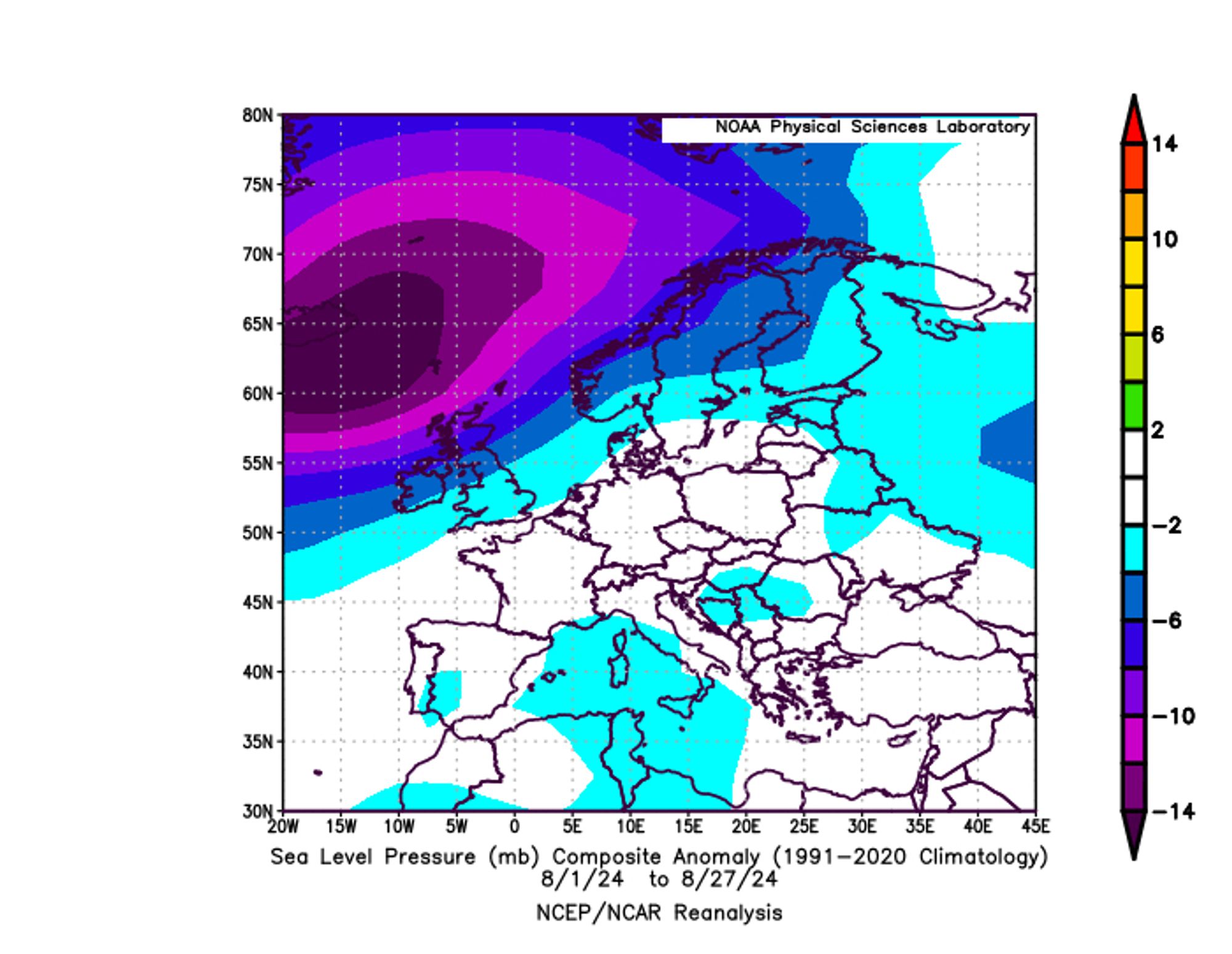 Sea level pressure anomaly map for August 2024 showing a deep area of low pressure north-west of the UK