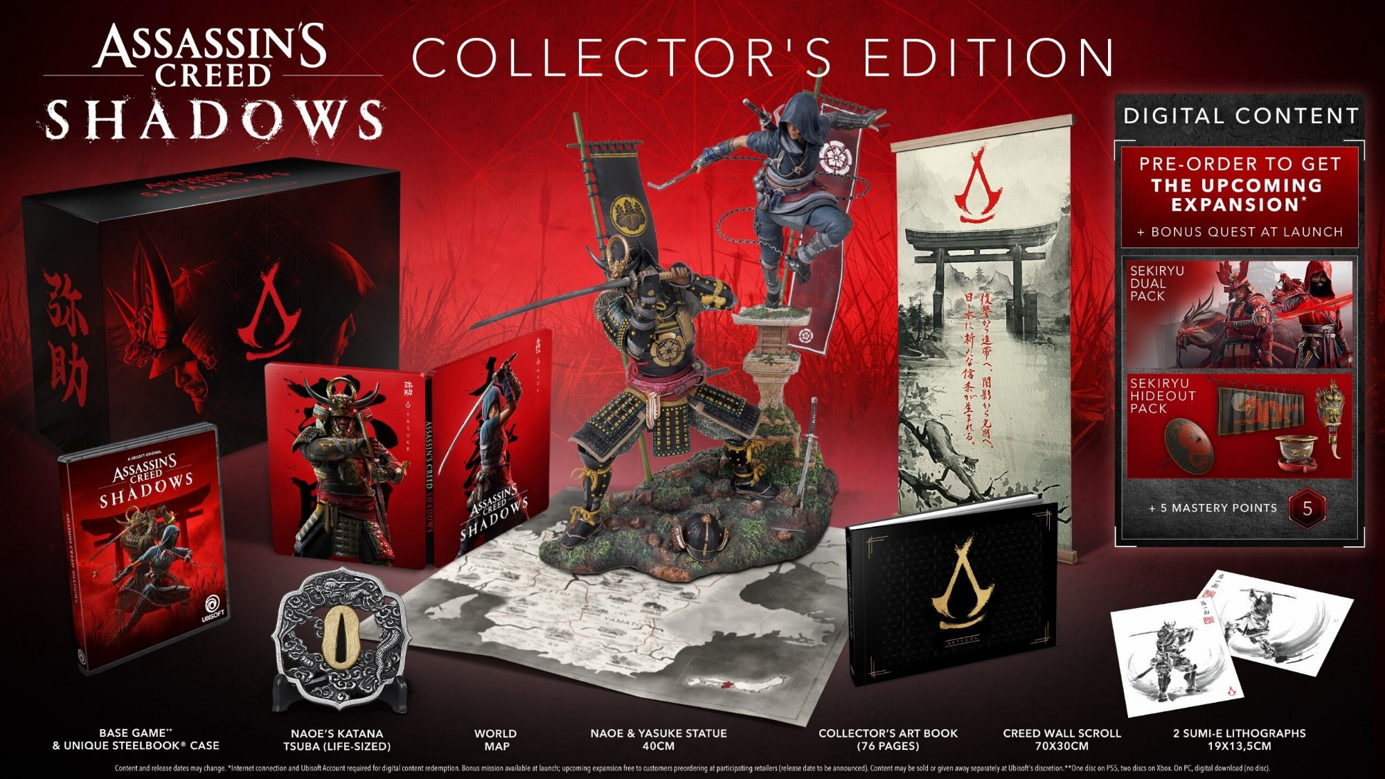 Here is what the Collector's edition comes with:

- Naoe and Yasuke dual character statue (approx. 40 cm / 15.7 inches). 
- Unique SteelBook case. 
- Collector’s art book (76 pages). 
- Naoe’s katana tsuba (life-sized). 
- World map. 
- Creed wall scroll (70x30 cm / 27.6x11.8 inches). 
- Two sumi-e lithographs (13.5x19 cm / 5.3x7.5 inches). 