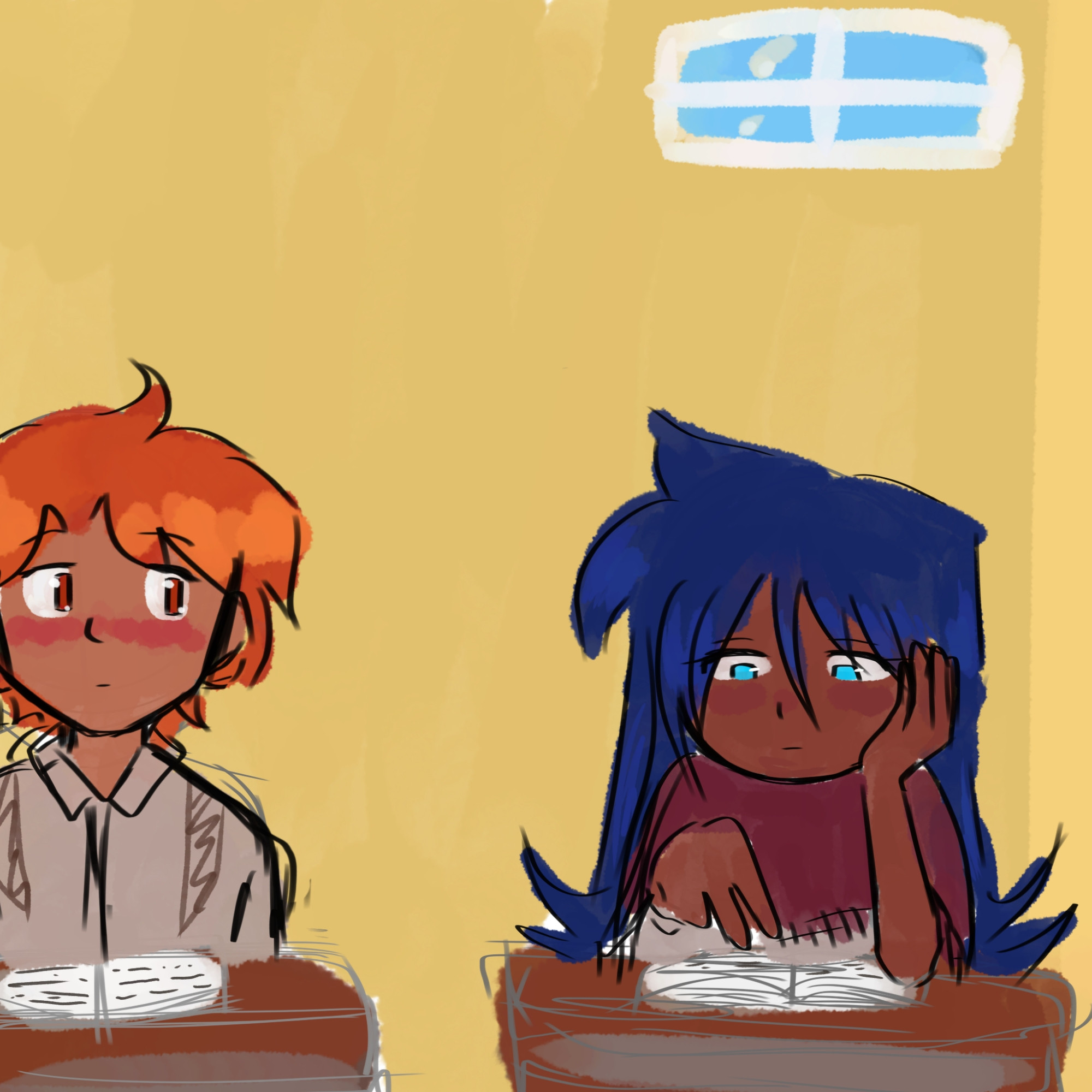 The setting is in a classroom in Oaxaca, Mexico.
Both characters are seated in a school desk. On the left is Rosendo, he's half Filipino half Oaxaqueño with short orange hair and eyes. And on the right is Manza, a Oaxaca native with long deep-blue hair that jets out at the ends. Her eyes are as clear as the sky, but she doesn't seem very expressive while reading the book set in front of her at her desk. But she seems invested enough that she doesn't notice Rosendo staring at her longingly.