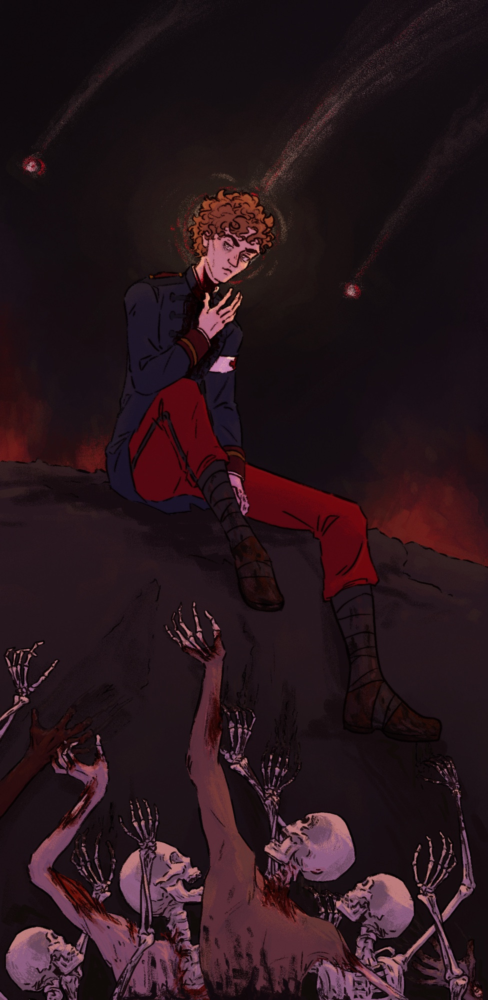 Aimé (oc) sits on the edge of a trench while corpses claw upwards