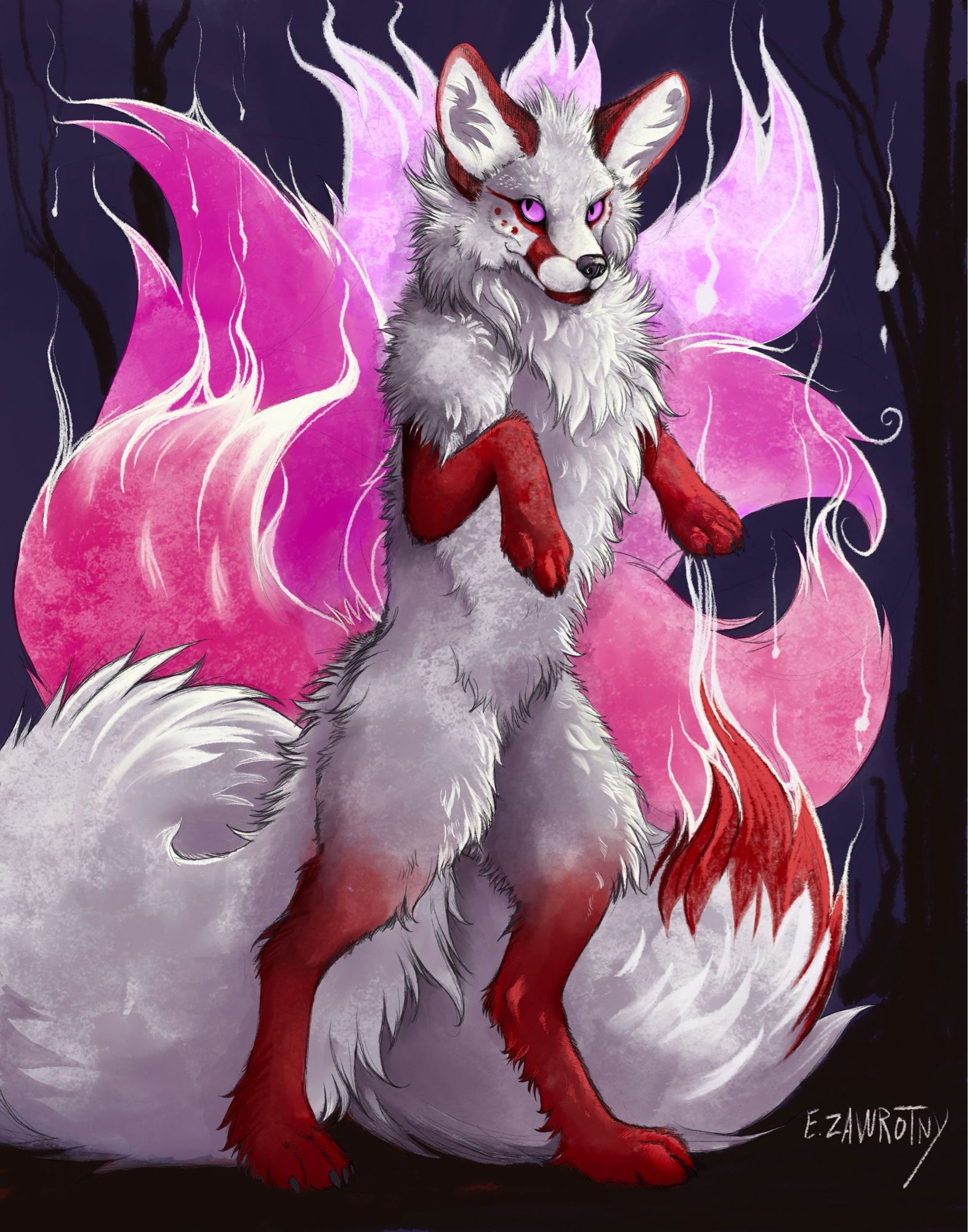 drawing of a white and red kitsune with ghostly magenta tails