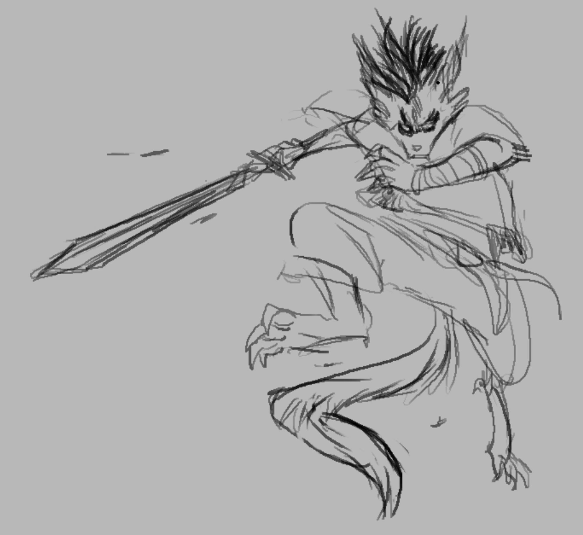 Rough depiction of a young charr leaping towards the viewer, right foot forward. Left arm held forward across the chest while the other is drawn back with a long wooden sword.  The charr's face is a sketch of intensity, hair and horns all jutting up and away from the head in spikes.