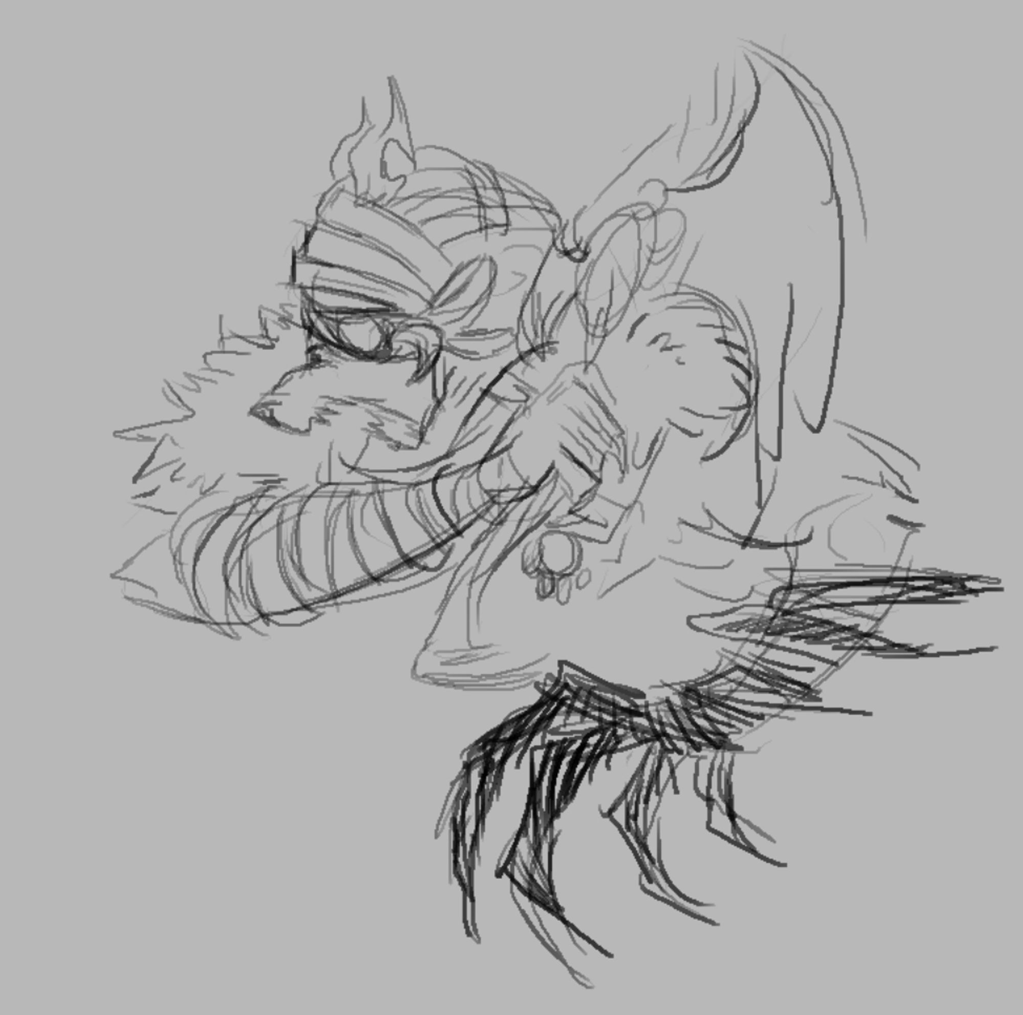 Rough bust of a charr weilding a large axe in one the right hand, dark magical claws in the left. Both arms cross the chest as though ready to explode in sweeping arcs. The face looks off to the charr's right, fangs bared in a roar.