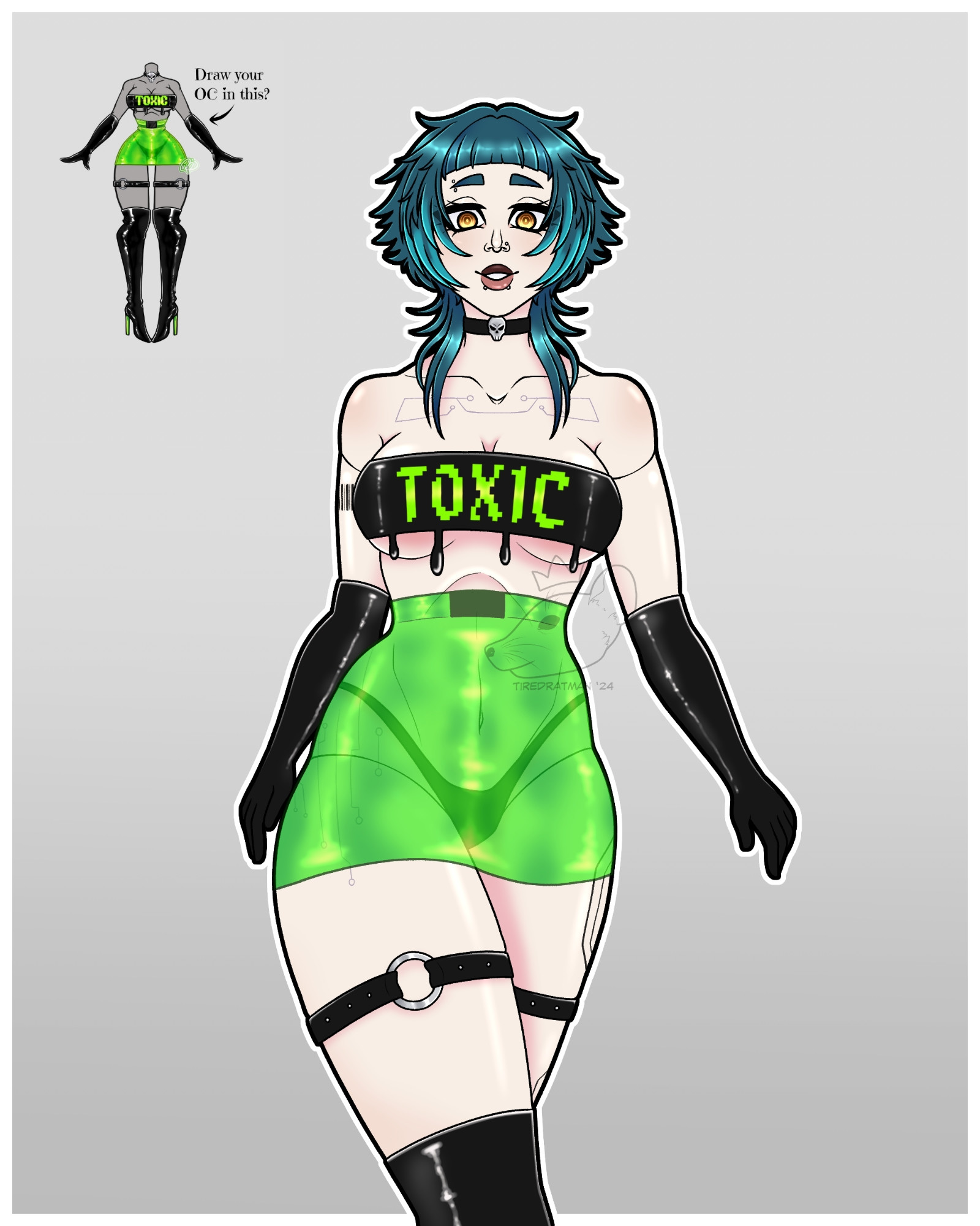 Drawn art of LuxorVT, an enby vtuber, wearing a toxic green and black outfit prompt. 