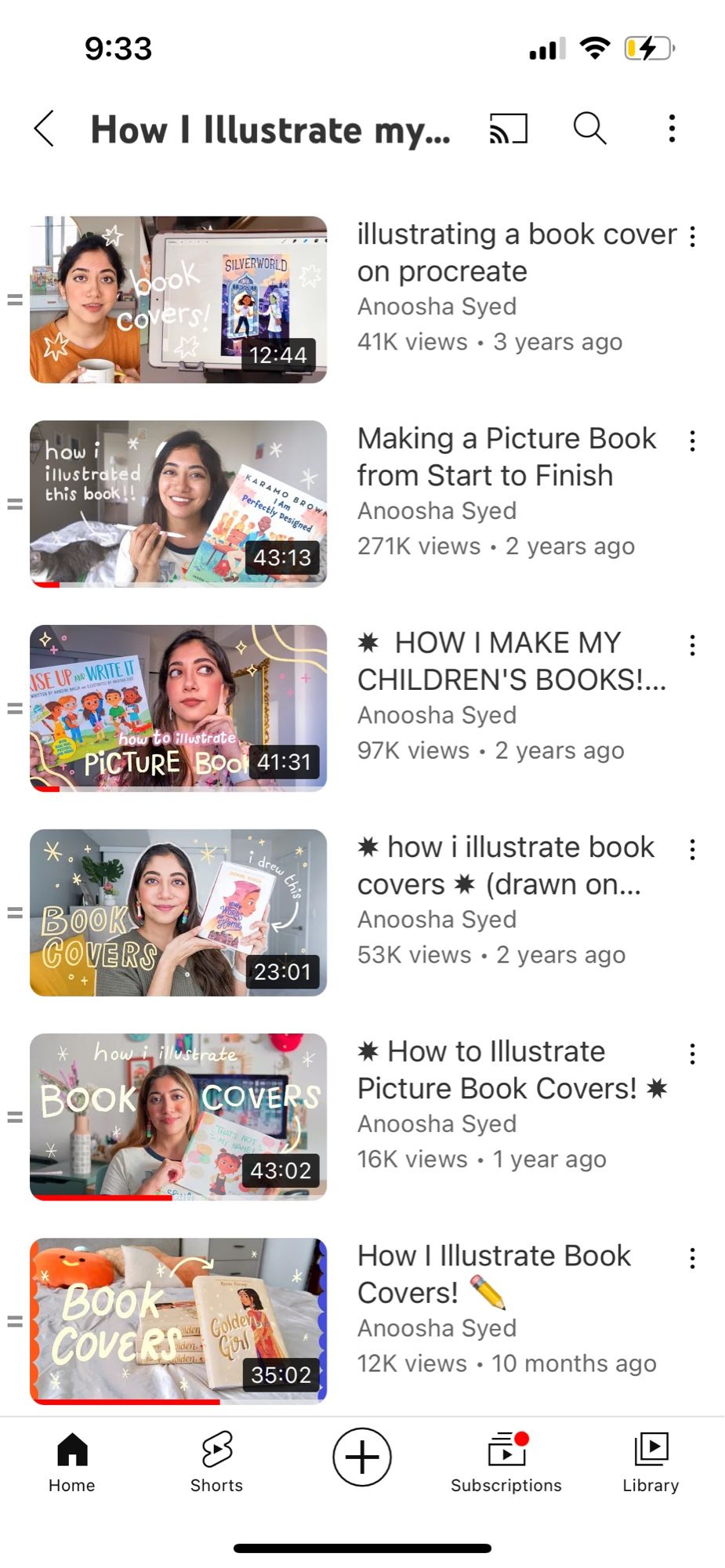 Thumbnails of YouTube videos focused on art topics 
