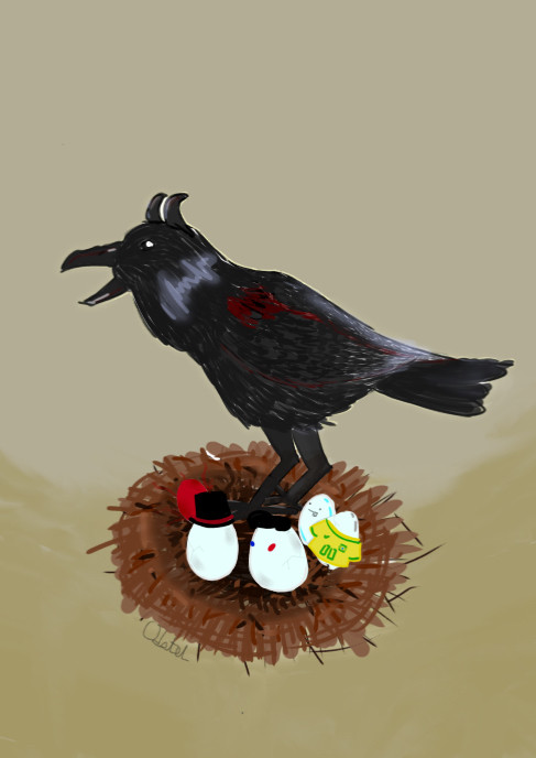 Crow protecting eggs (from left to right: red egg, Dapper, Pomme, Skeppy Jr., Richas)