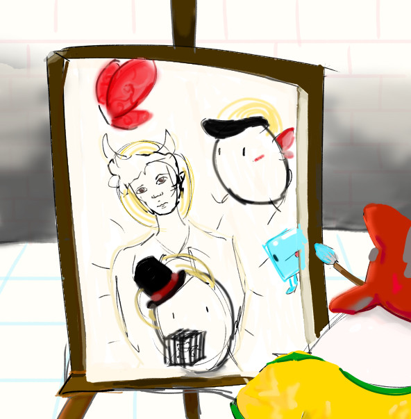 Richas painting an artwork of Bbh, Dapper, Pomme, and Skeppy jr.