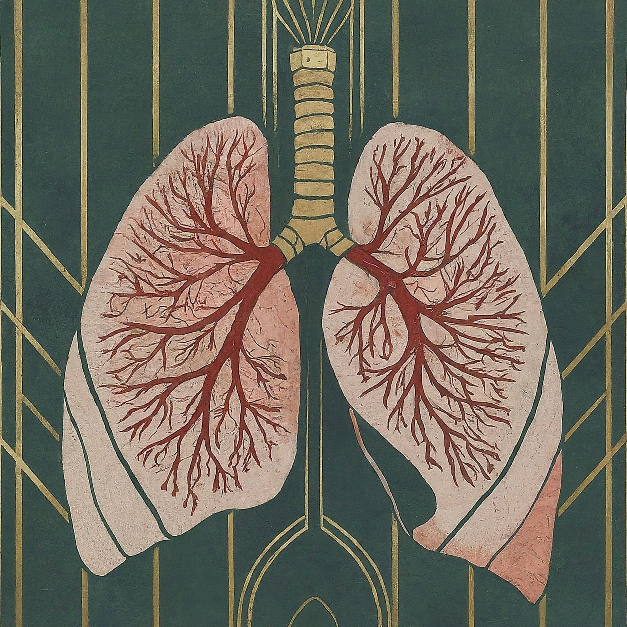 A more 1920s style borderline anatomical sketch of the lungs, 3 color mimeograph/print, on a faded dark green background with gilded era inlay.