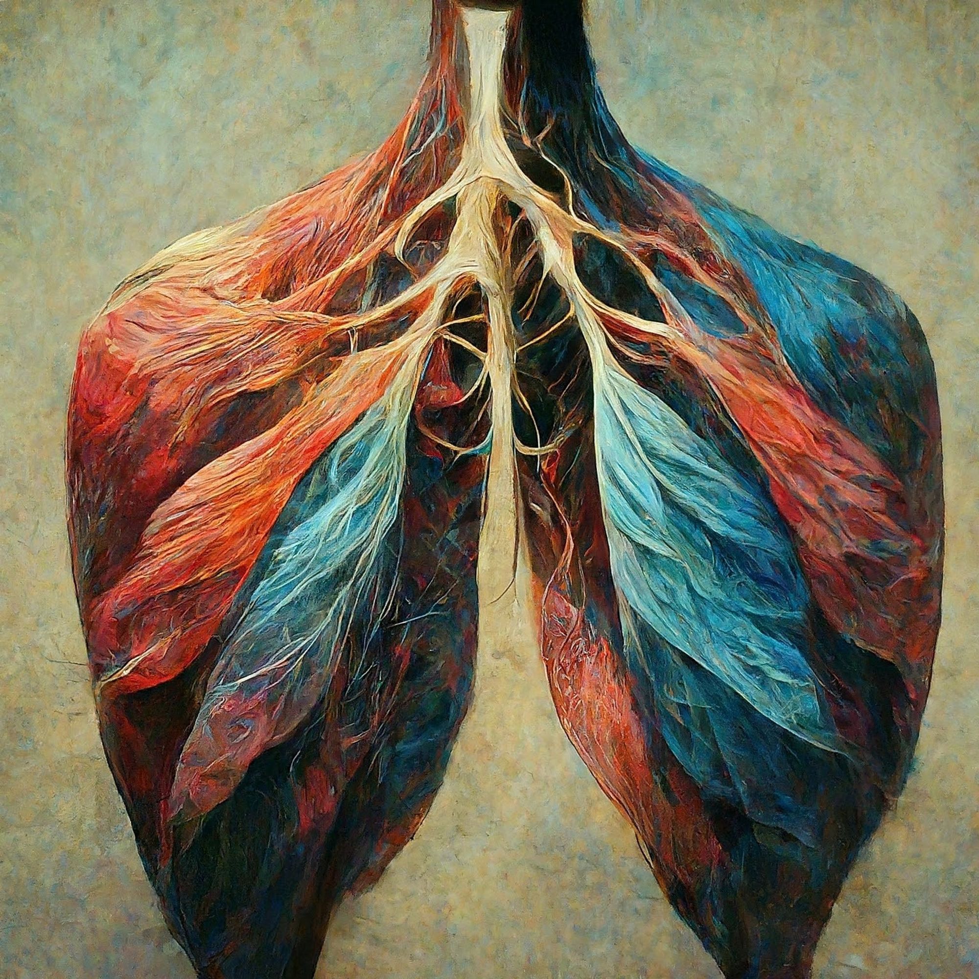 A more impressionist artistic rendering of a set of lungs, red and blue with almost wispy feathered styling on a khaki background with subtle blue marbling.