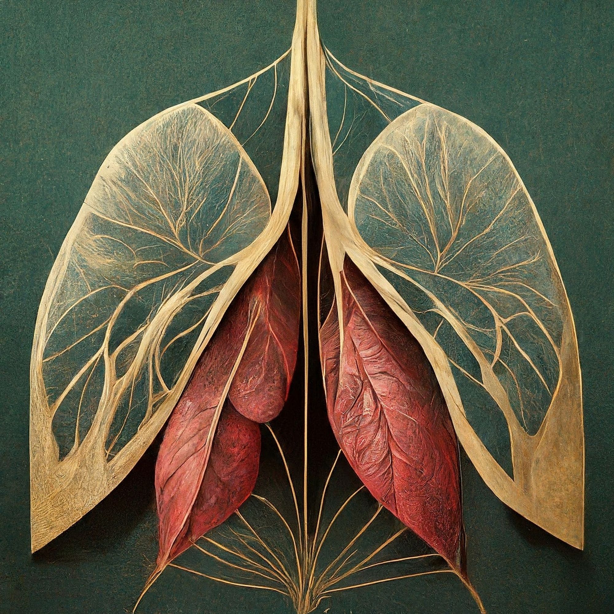 An art noveau rendering of the lungs, a golden frame with gossamer in layover two additional lobes made of perhaps overlaid and compressed flower petals, on a forest green background.