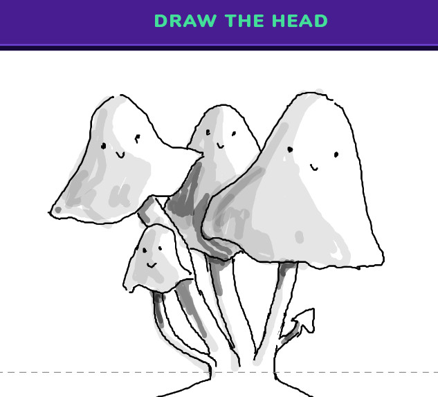 4 cute mushrooms growing from the neck as a head