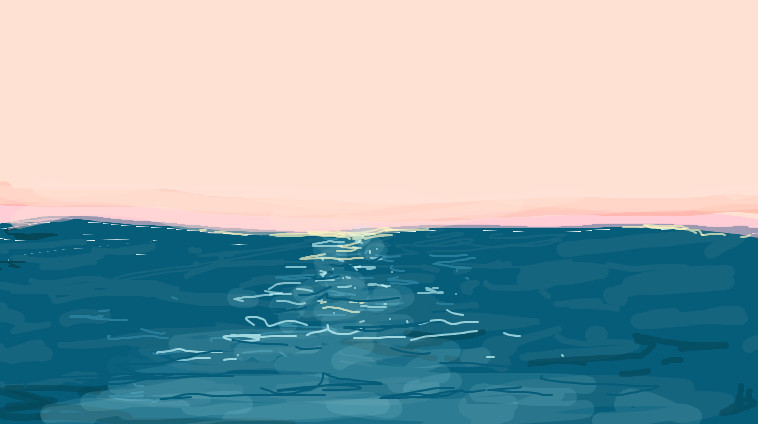 drawing of ocean and calm pinkish sky 