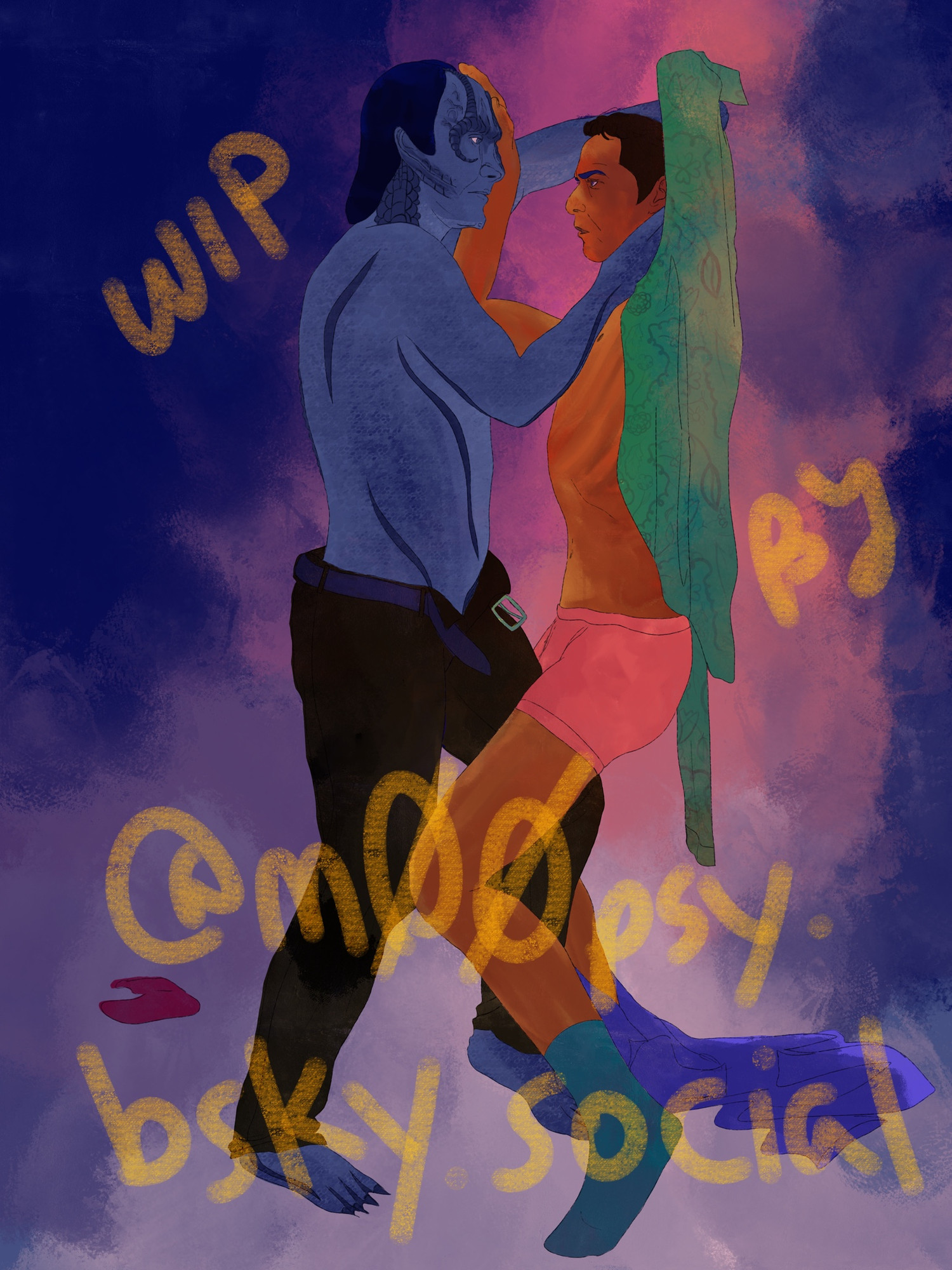 unfinished digital illustration of elim garak (a ridged reptilian-humanoid) with one clawed hand holding julian bashir's wrist above his head, and the other wrapped around the younger man's throat. they are both half-dressed: garak is shirtless and sockless, exposing his clawed and webbed feet, while julian's long-sleeved green shirt and purple pants are both half off.

julian, the fashion disaster, bless him, also has on one teal sock, and a fushia sock is visible on the ground behind them.

he's submitting to his partner's dominance, but is also pressing the thumb of his free hand to the sensitive spoon-like shape at the center garak's forehead.

the watermark i've added notes this is a work in progress by @m00psy.bsky.social.