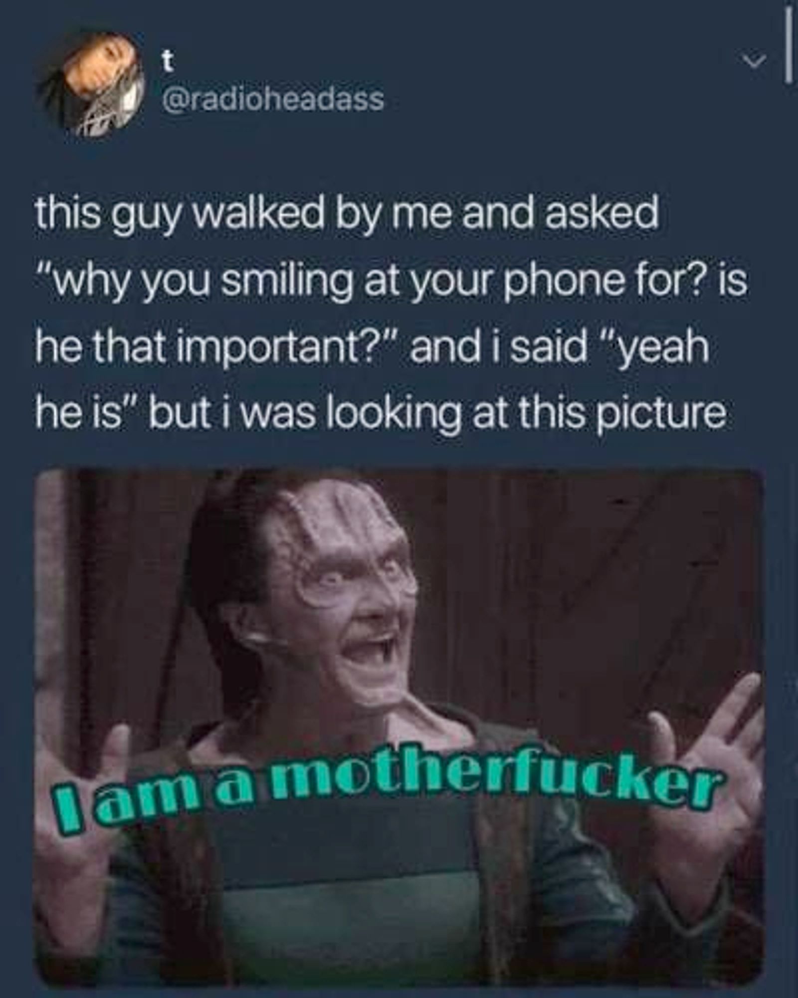 tumblr post by @RadioHeadAss: this guy walked by me and asked 'why you smiling at your phone for? is he that important?' and i said 'yeah he is' but i was looking at this picture:

image of an excited-looking elim garak dressed somewhat like steve from blues clues (due to his striped green shirt) with his hands spread. the text "i am a motherfucker" has been added between his hands.