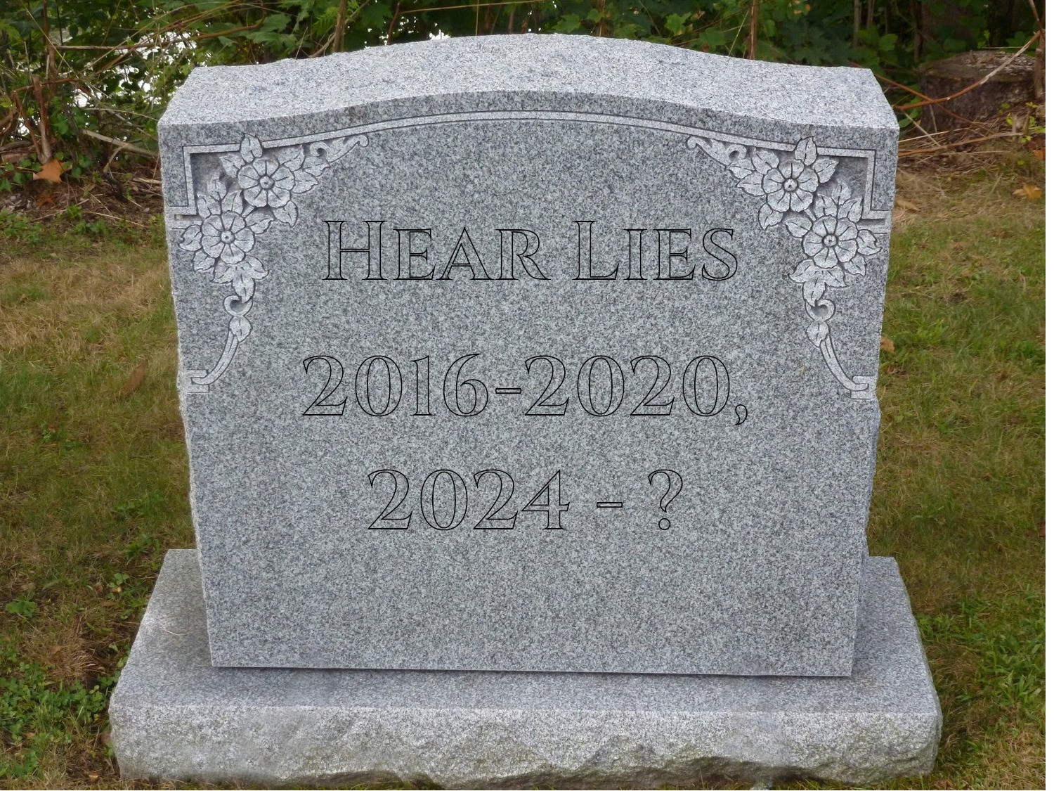 A headstone with the caption "Hear Lies, 2016-2020, 2024-?"