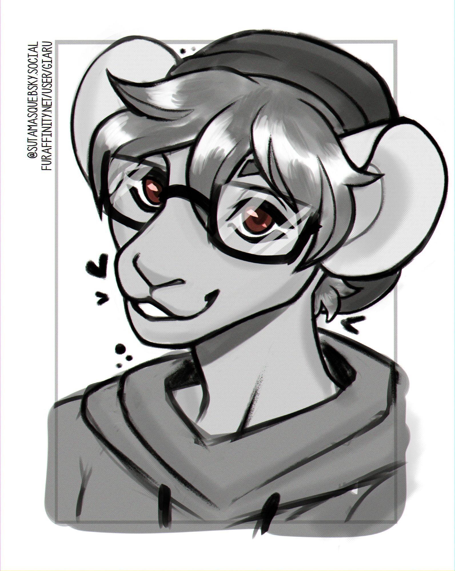 Digital bust of an anthro mouse, smiling and looking at the viewer. Grayscale with only their eyes in color.