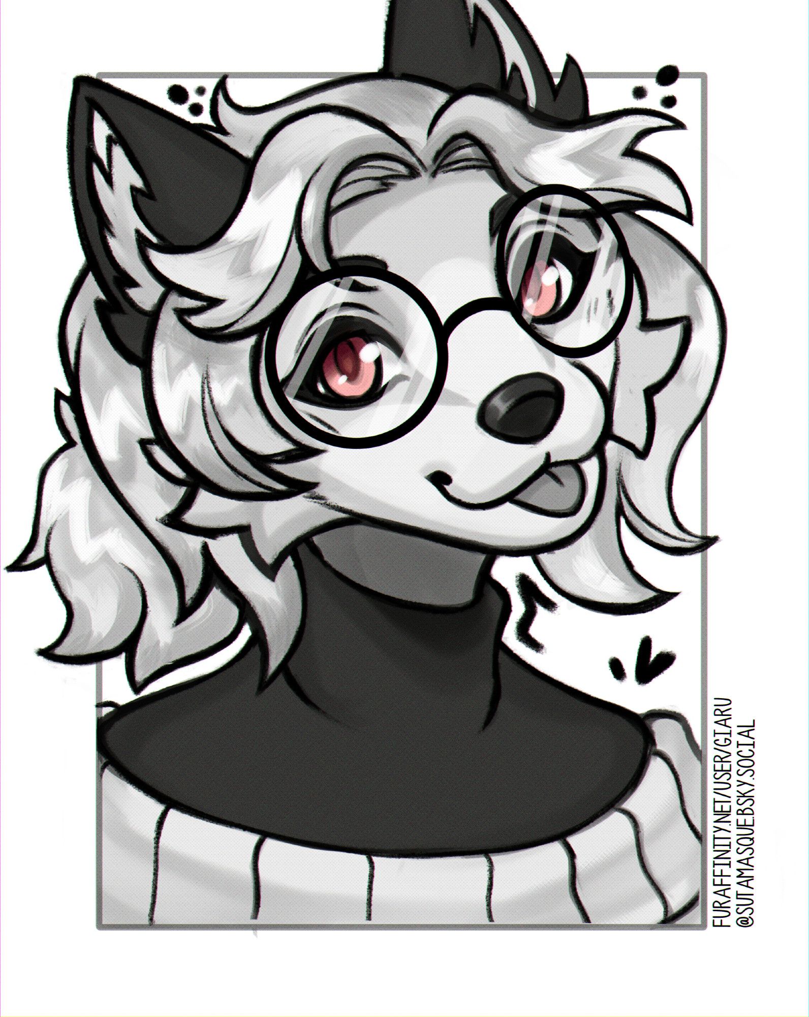 Digital bust of an anthro red panda, smiling with their tongue out and looking at the viewer. Grayscale with only their eyes in color.