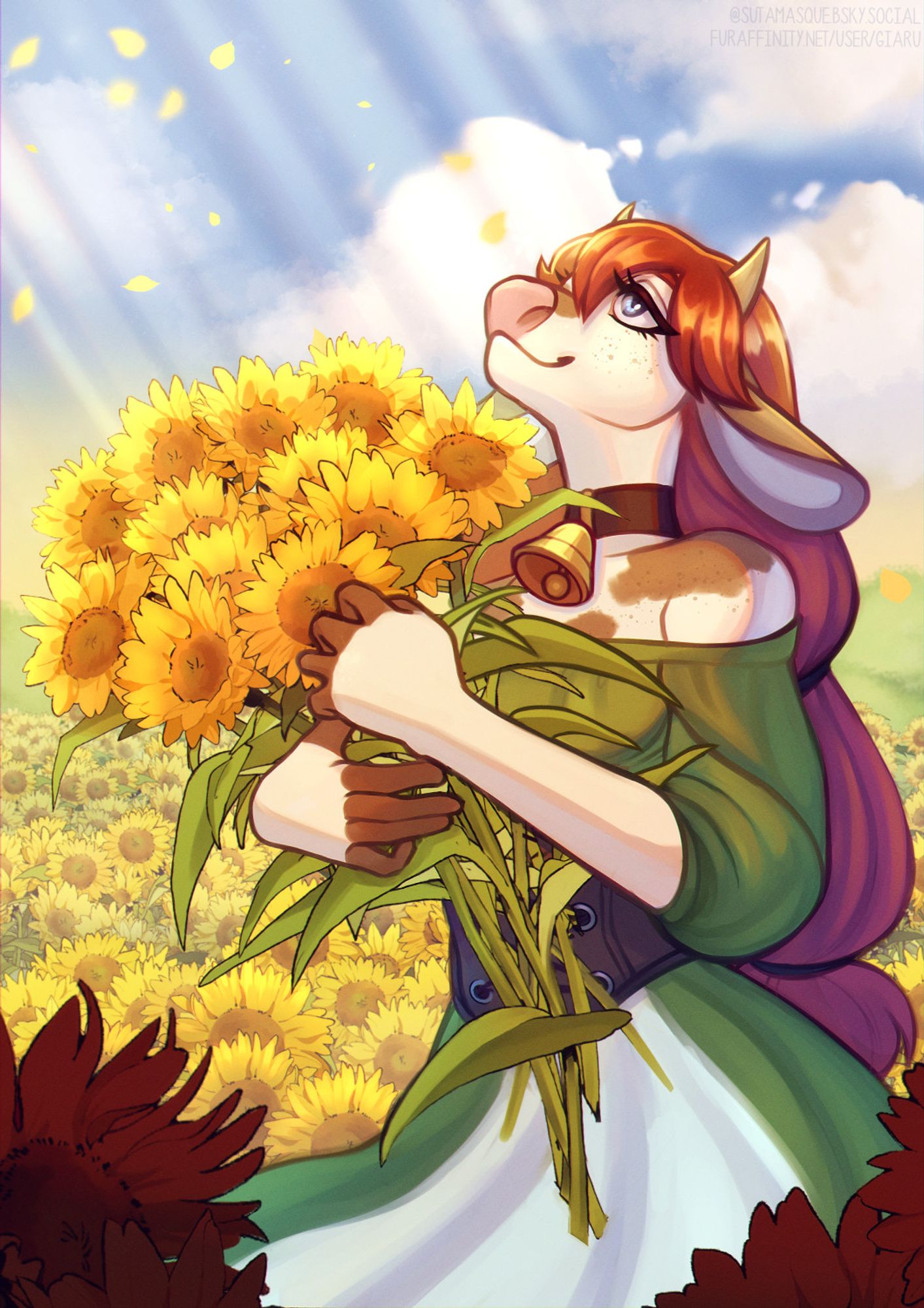 Female anthro cow in a sunflower field, holding some sunflowers in her arms and staring up into the sky with a smile on her face