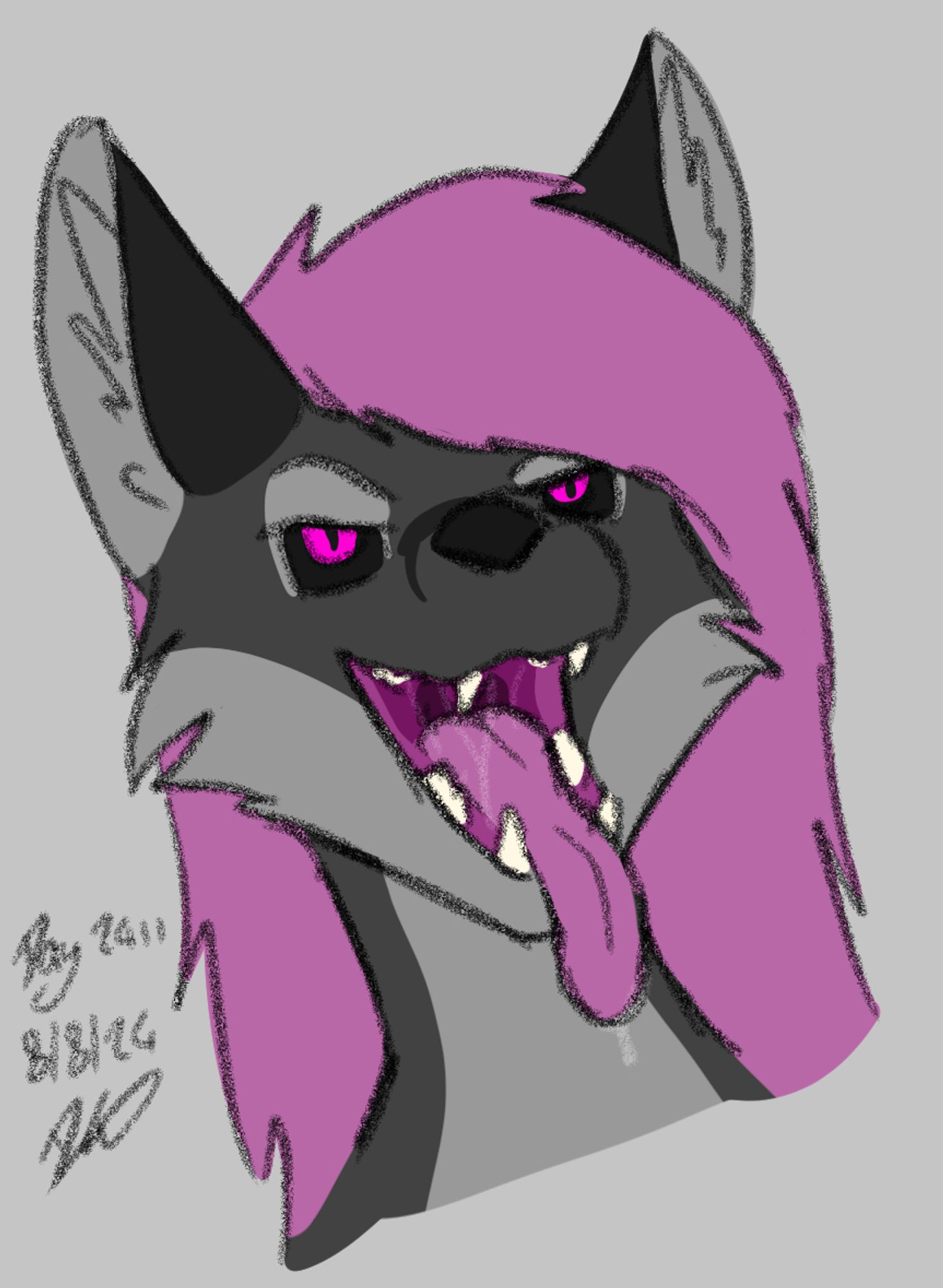 A fox with her mouth open, teasing the viewer. There are some strands of saliva visible in her mouth