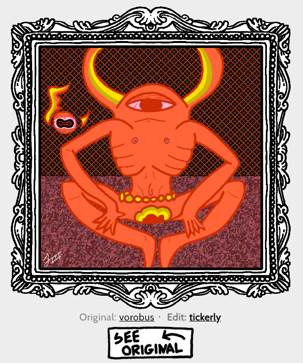 My take on the original artist's creature; a red Cyclopian demon sitting crisscross; bloodshot eye, a look of disappointment, with a chain-link background and a fuzzy floor; a floating fiery eyeball with a goat's pupils to the left of them. Yellow to Red gradient on their horns and groin and the floating eyeball's flames. Yellow belt.