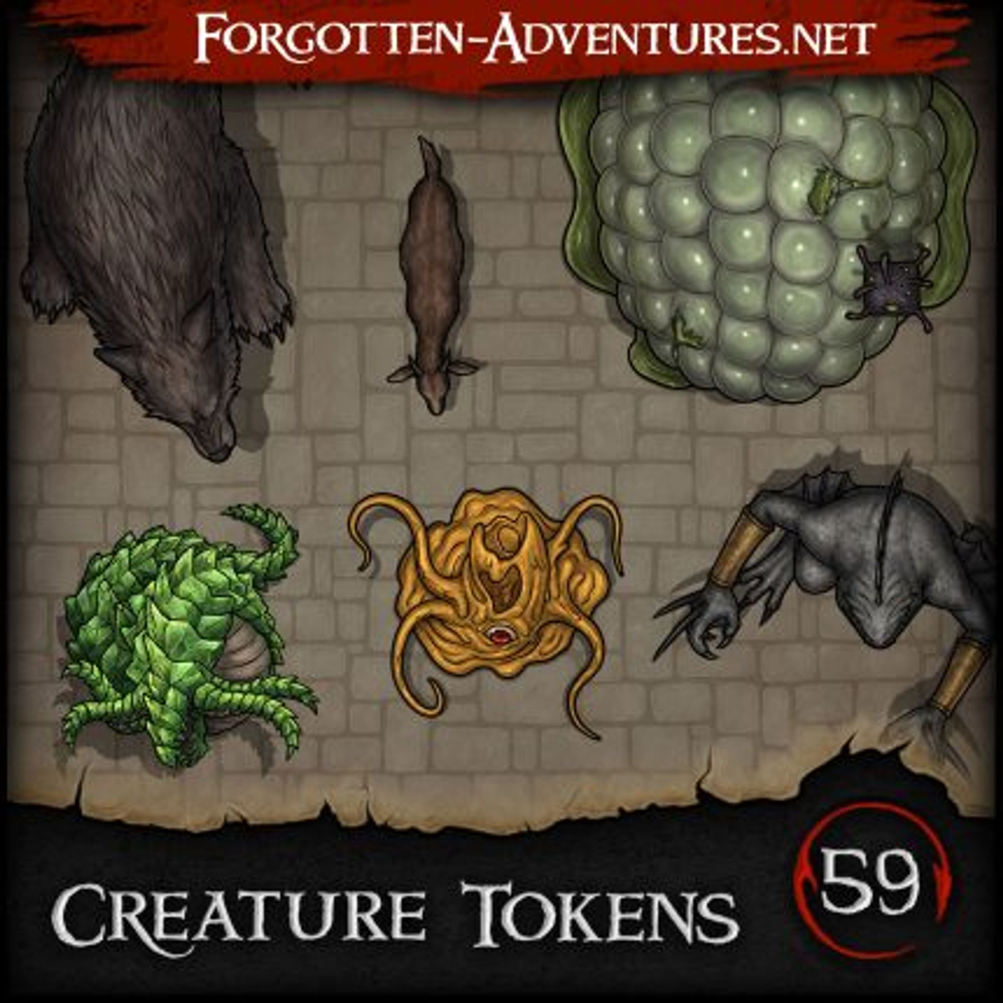 This pack contains 8 Creature Tokens: Dire Wolf, Crystal Grick, Gray Limbo, Brain Cluster (A/B), Brain Gemmule, Yochlol, Goat and Barlgura!